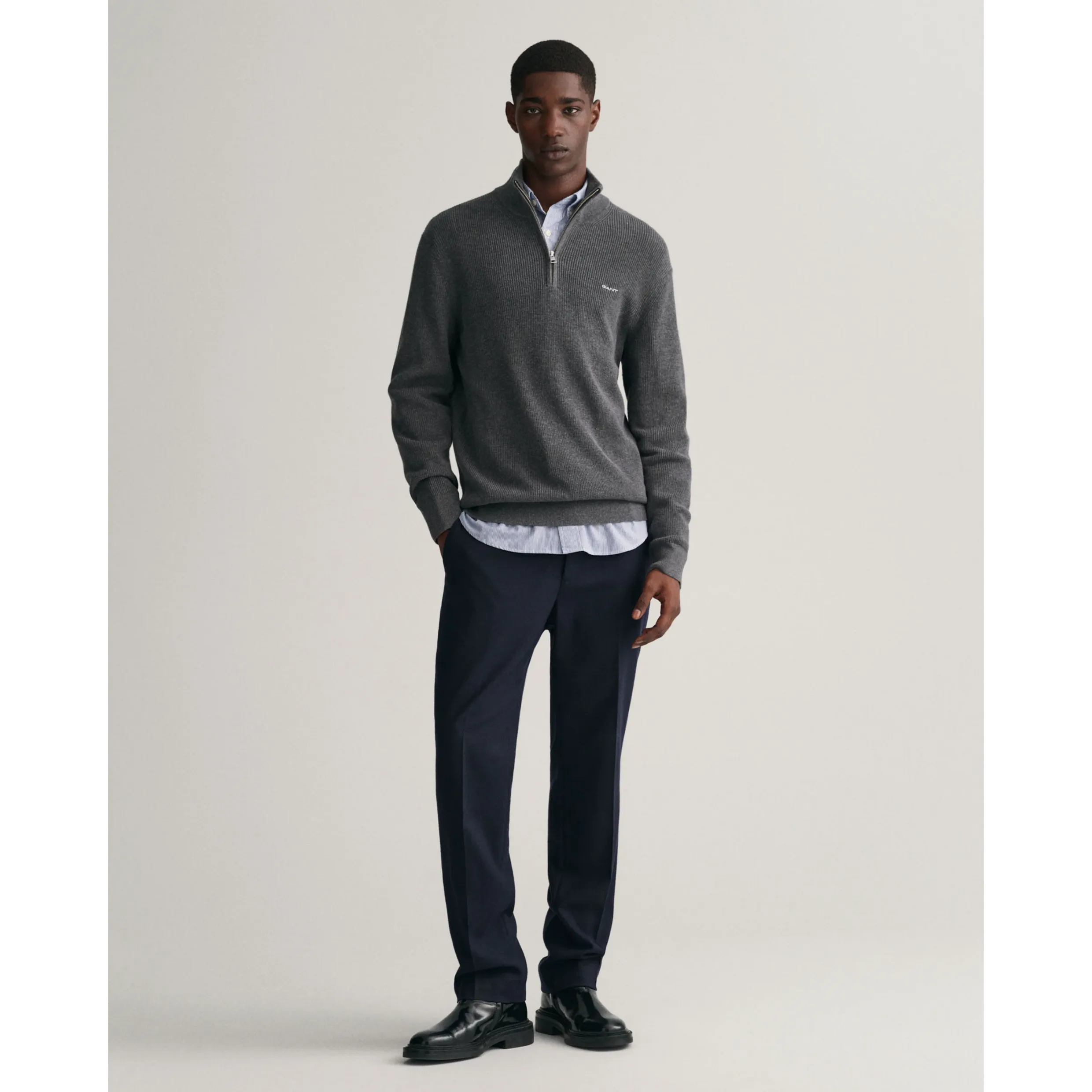 GANT Ribbed Cotton Wool Half-Zip Sweater - Anthracite Melange