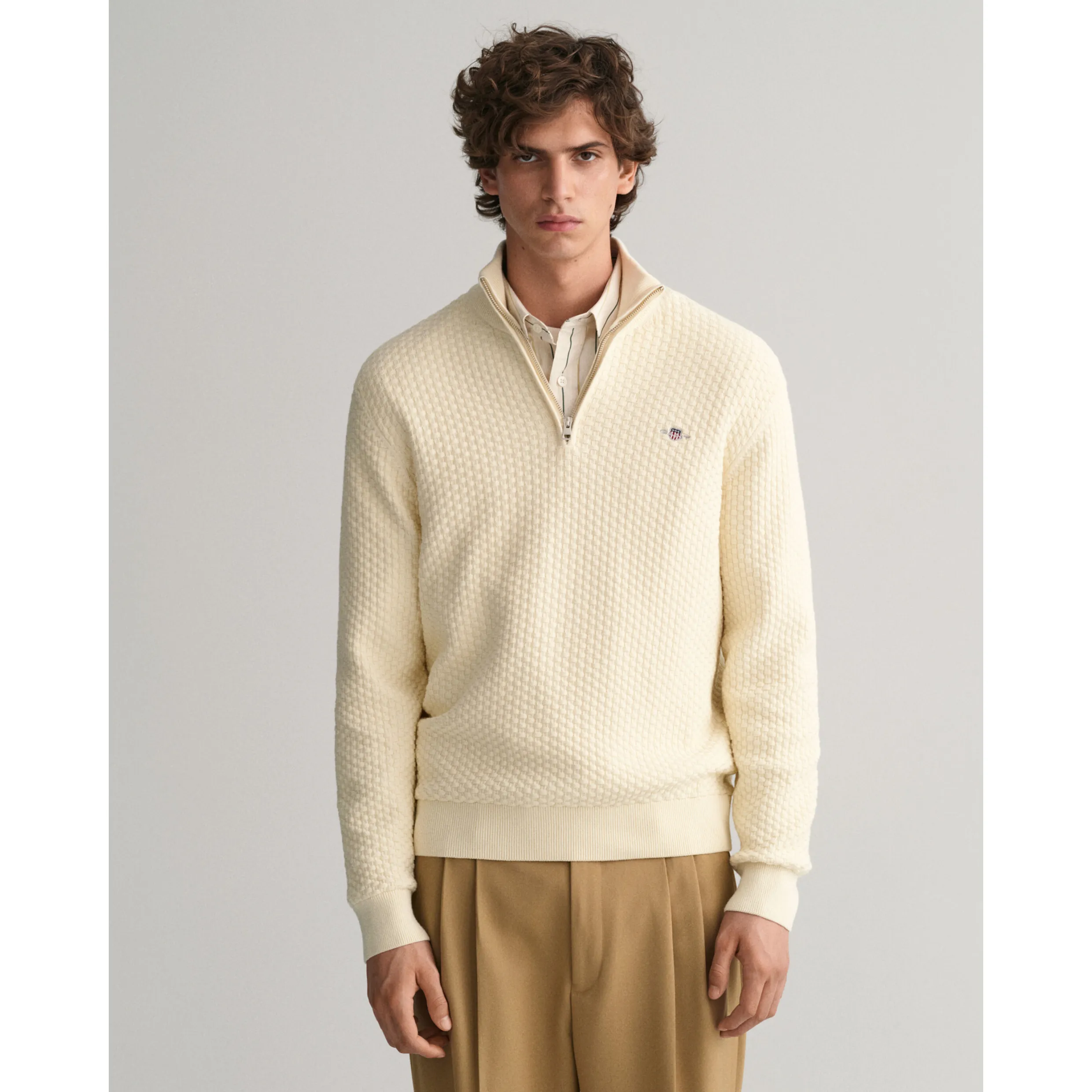 GANT Textured Cotton Half-Zip Sweater Cream 8030172