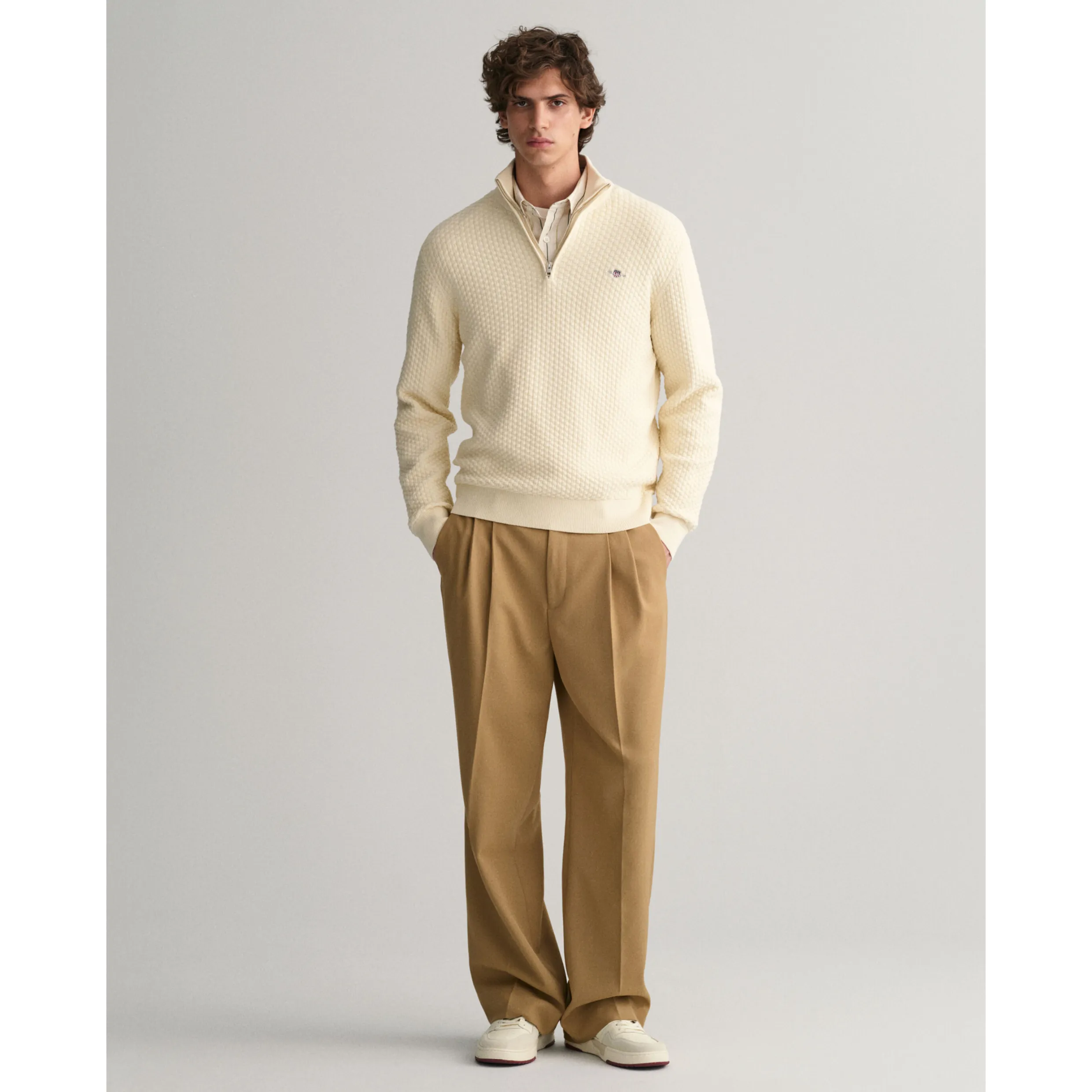 GANT Textured Cotton Half-Zip Sweater Cream 8030172