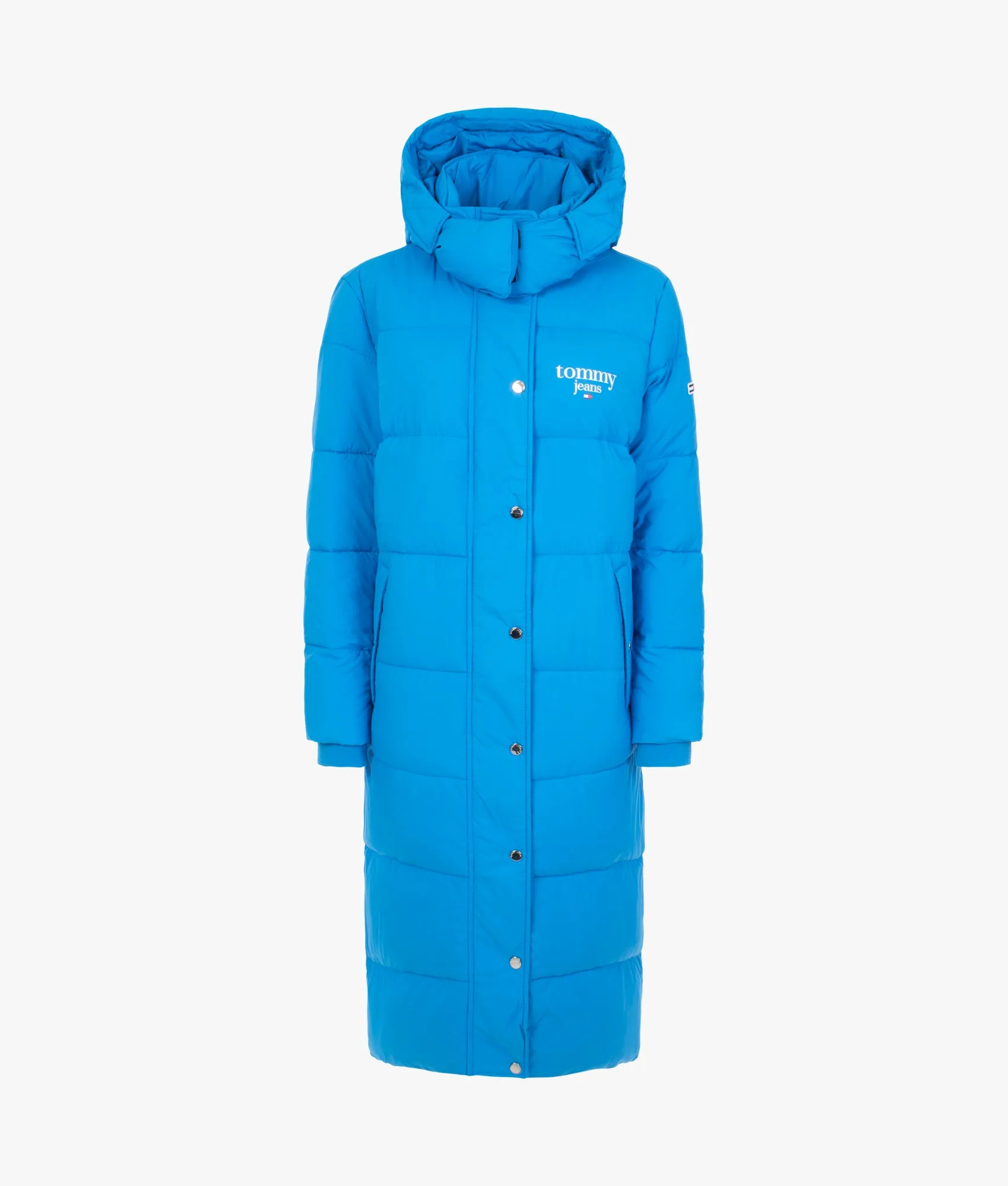 Graphic longline puffer in deep sky blue