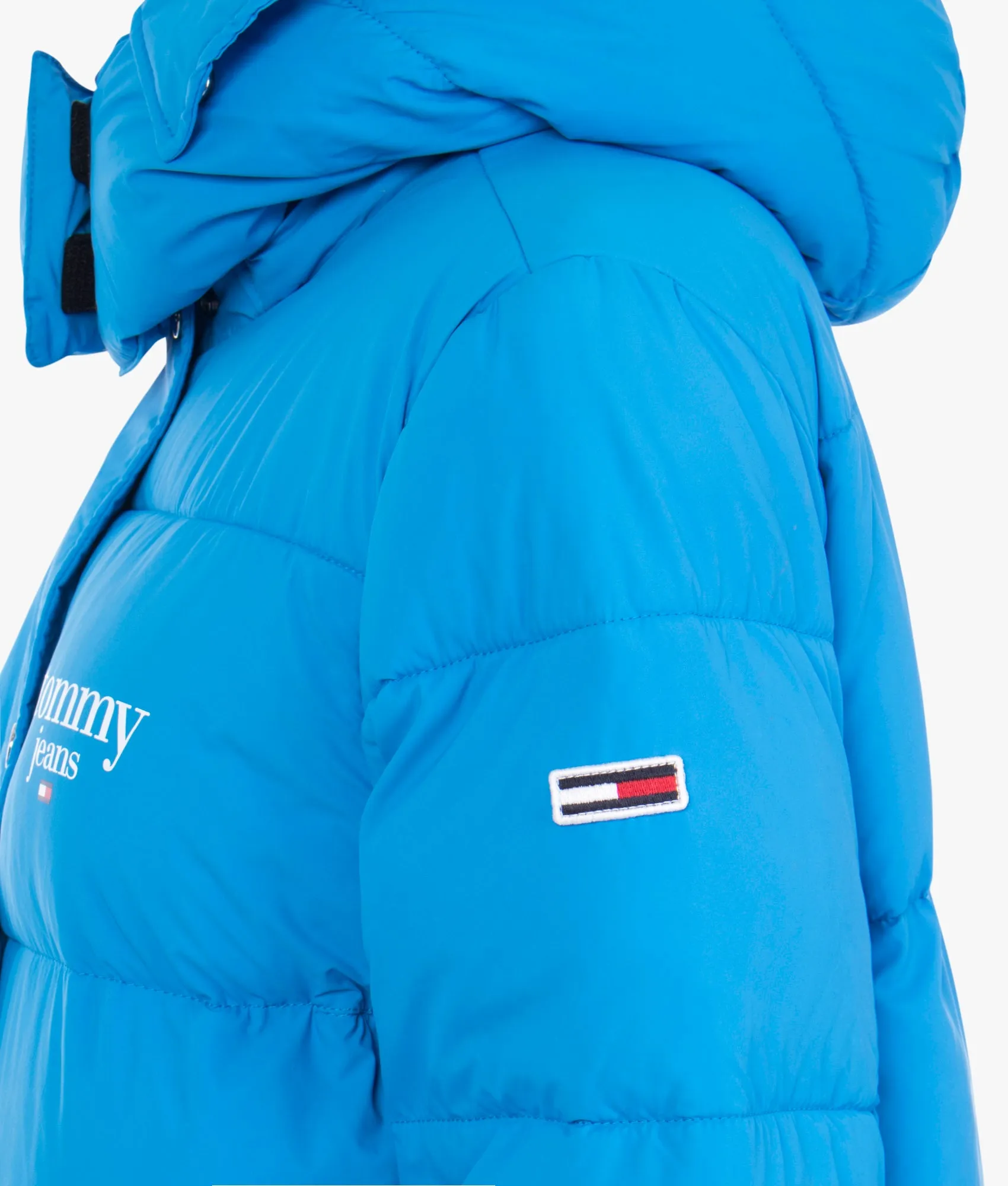 Graphic longline puffer in deep sky blue