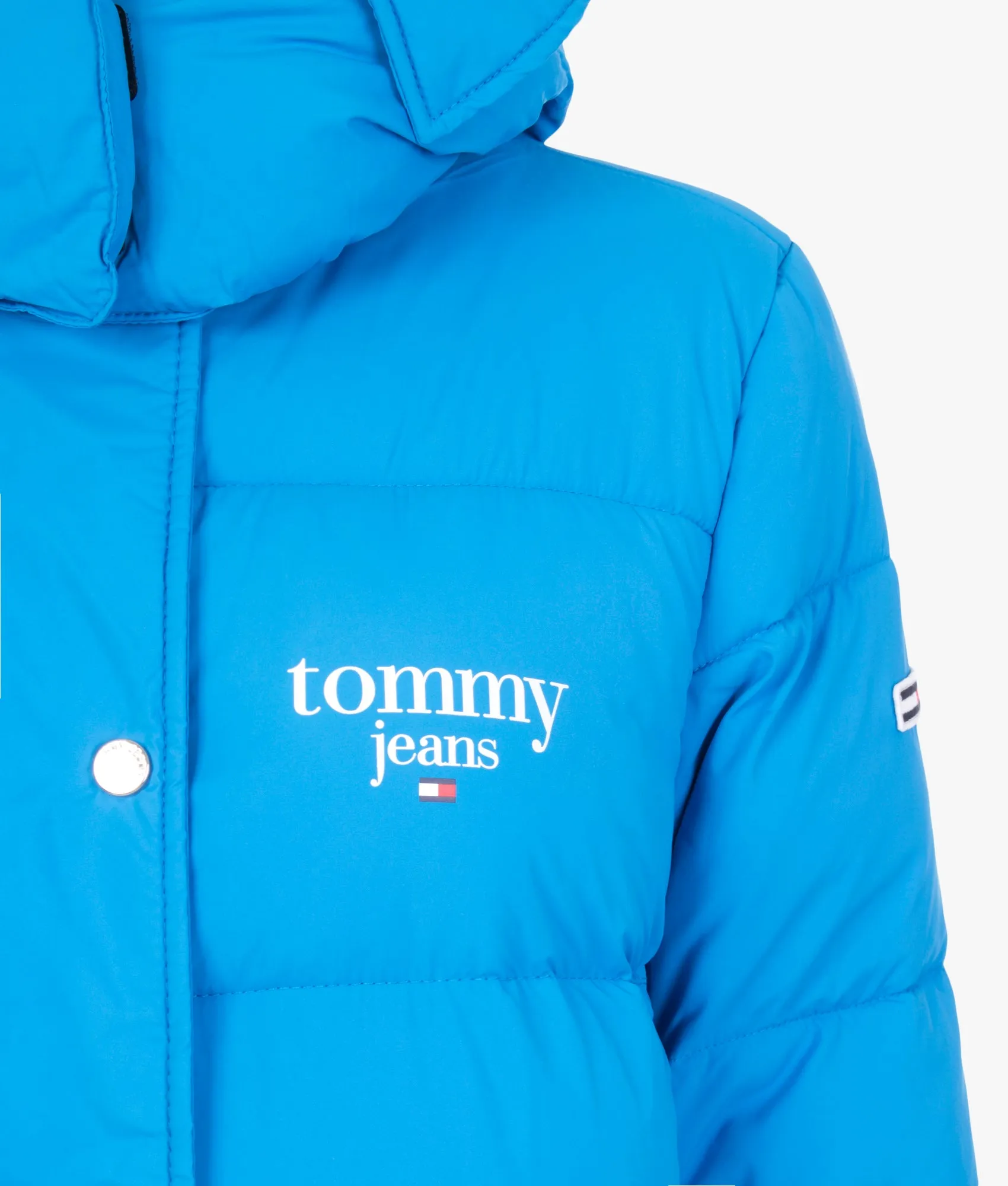 Graphic longline puffer in deep sky blue