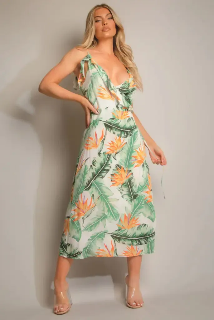 Green Tropical Print Wrap Frill Midi Dress