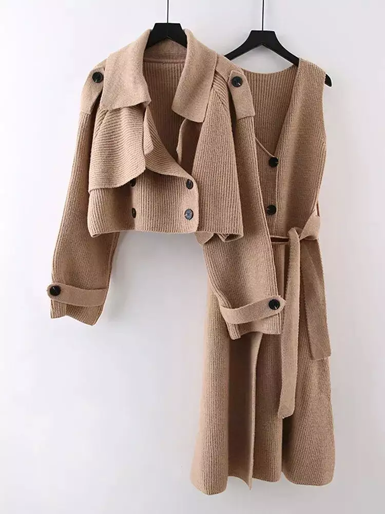 Innovative Knitted 2 Pieces Set For Women Lapel Single Breasted Long Sleeves Coat Straight Belt Dresses