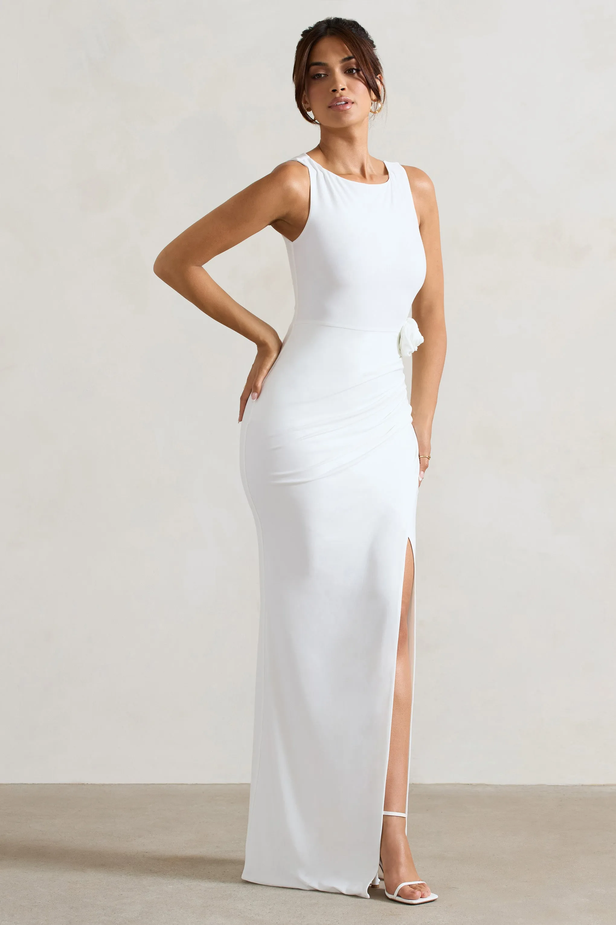 Lainey | White Wrap Maxi Dress With Floral Corsage