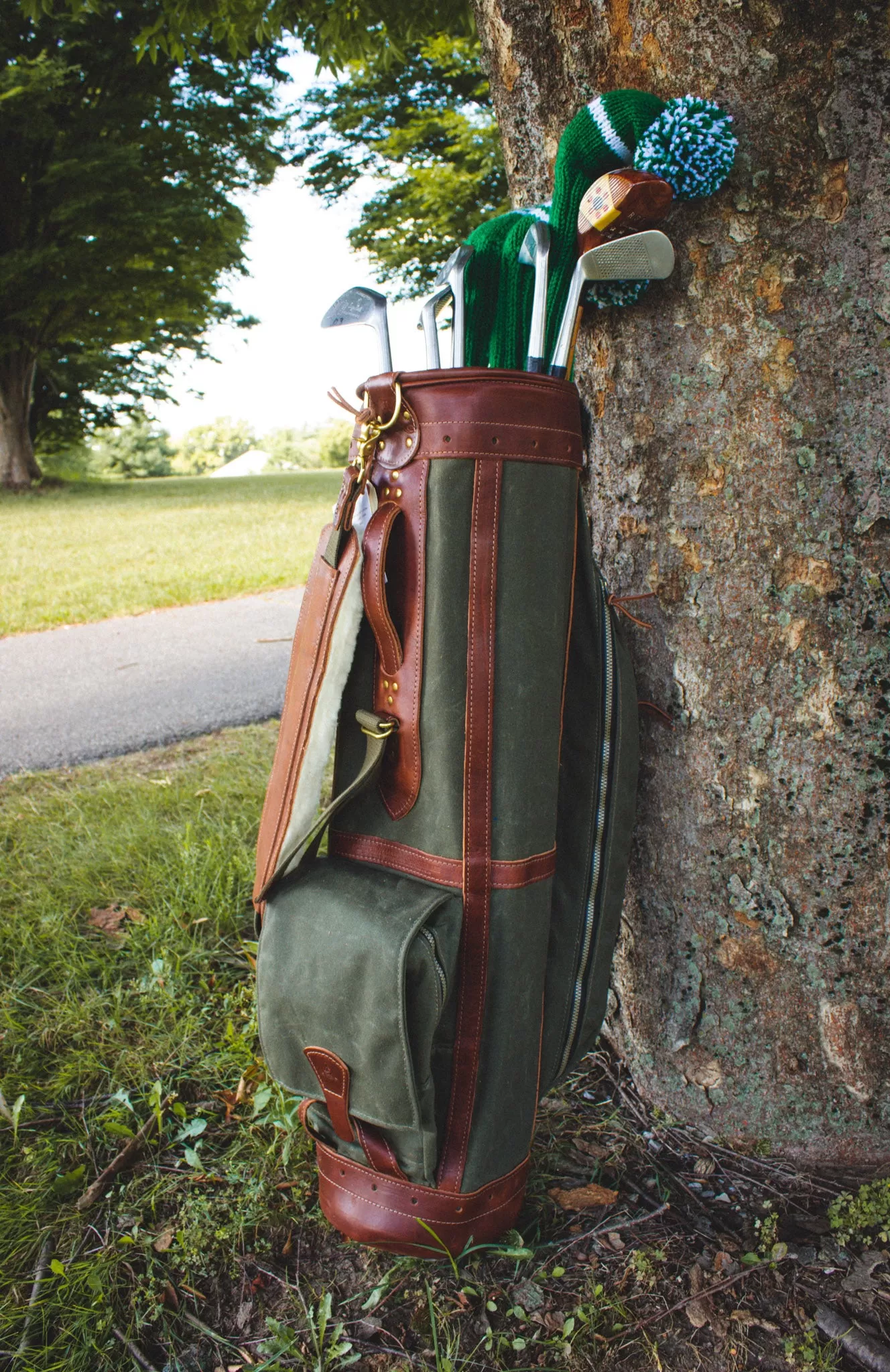 Leather & Waxed Canvas Classic Staff Golf Bag- Olive with Chestnut Leather