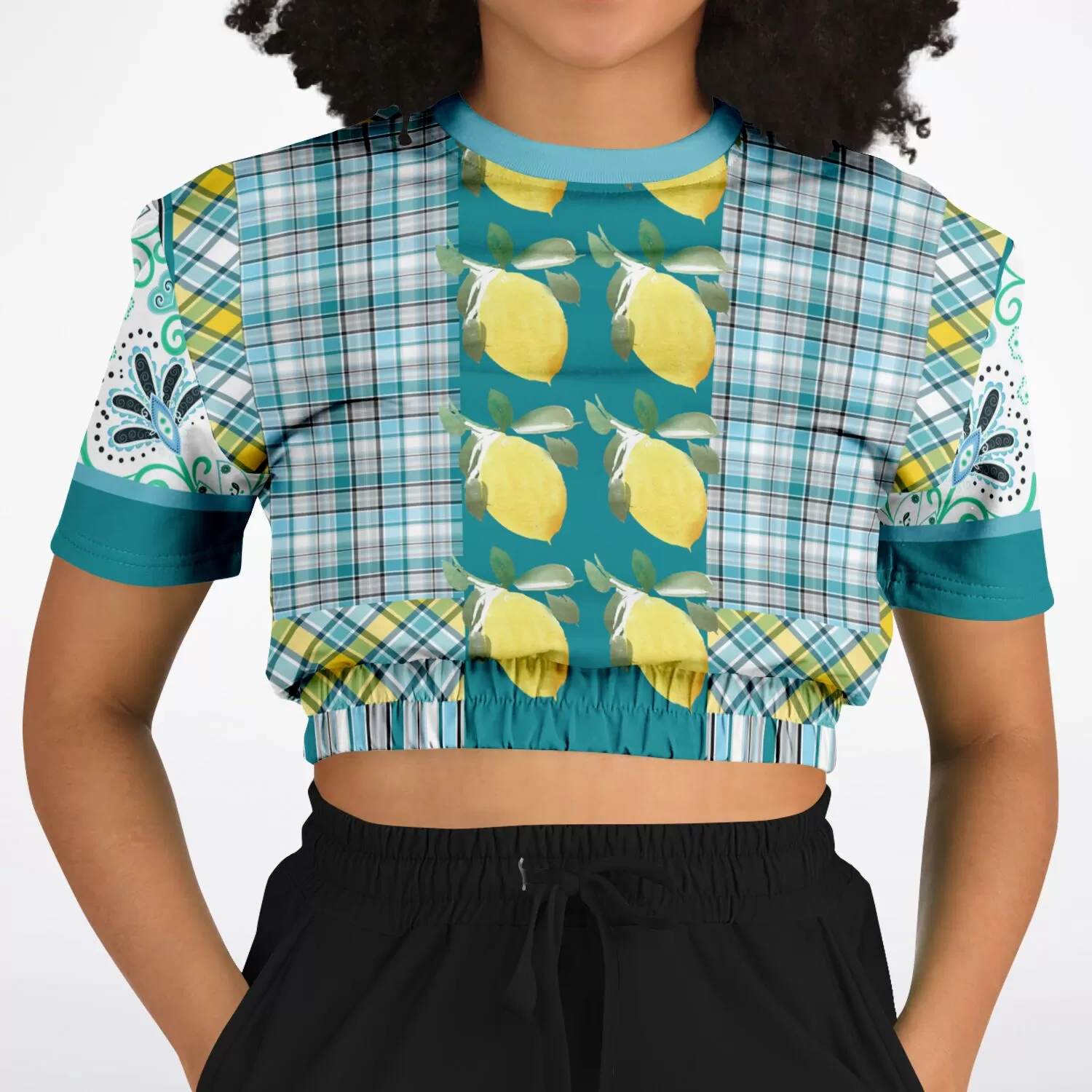 Lemon Zest Floral Short Sleeve Cropped Eco-Poly Sweater