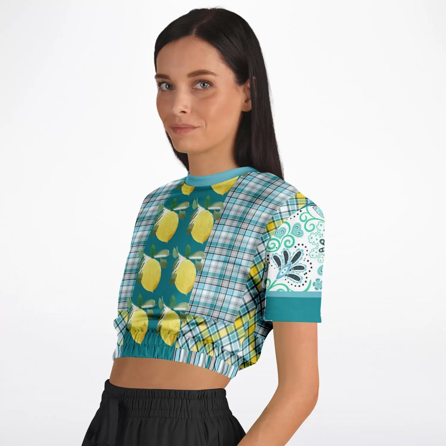 Lemon Zest Floral Short Sleeve Cropped Eco-Poly Sweater