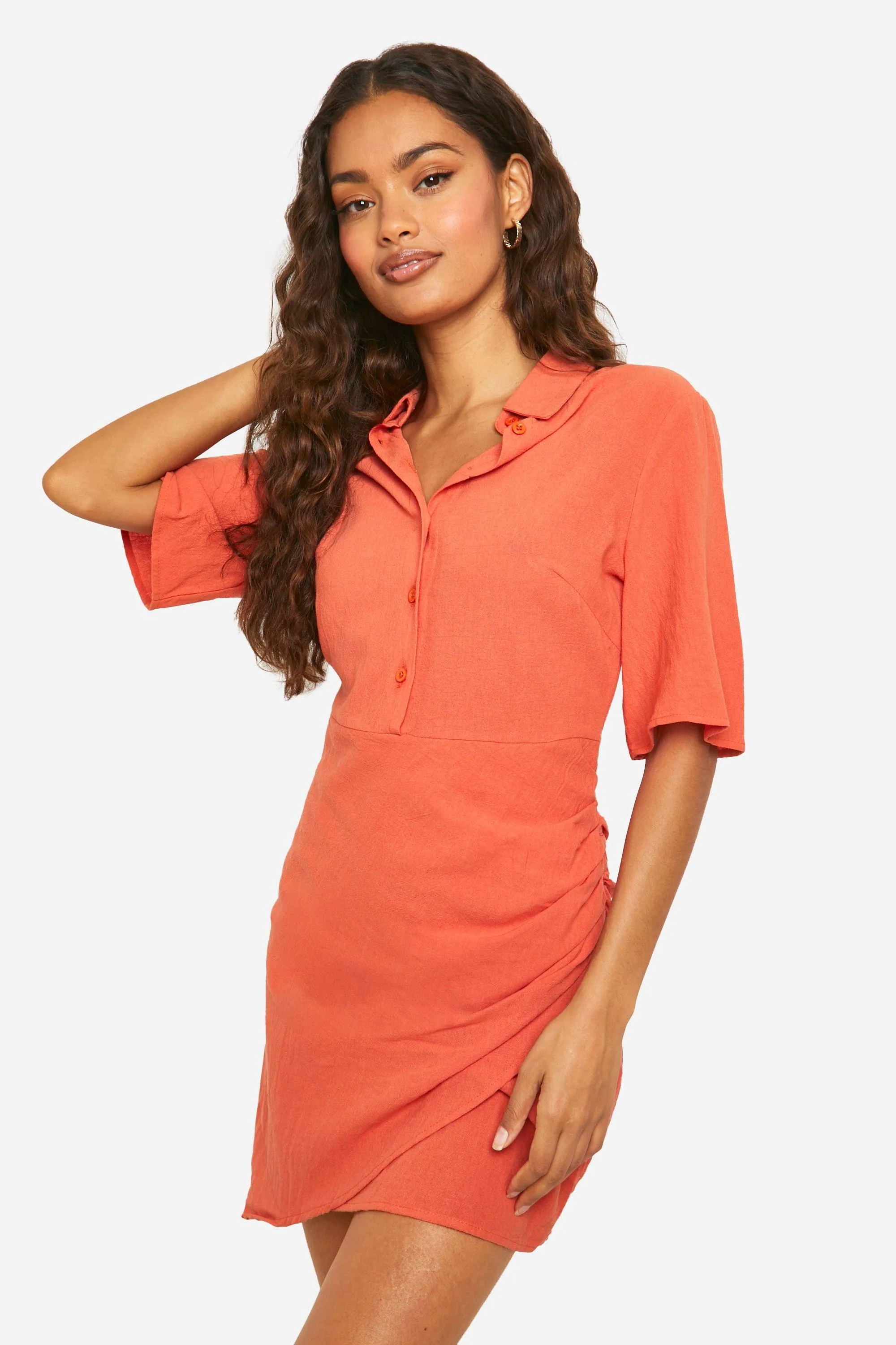 Linen Look Wrap Shirt Dress