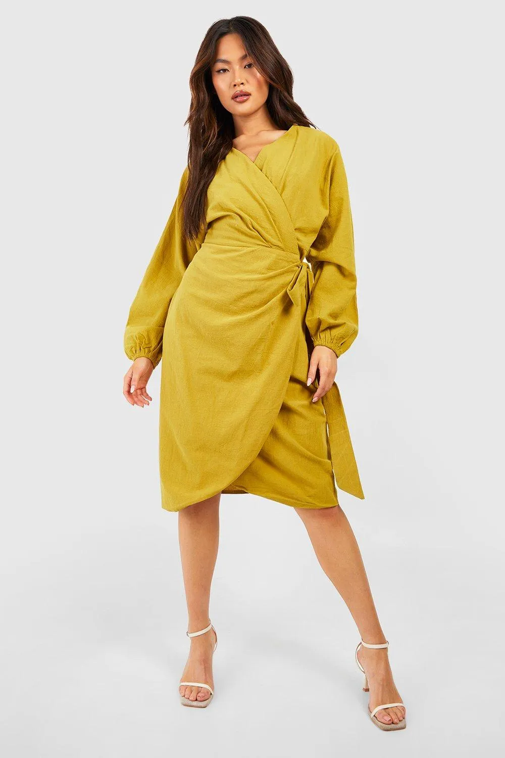 Linen Wrap Tie Waist Midi Dress