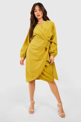 Linen Wrap Tie Waist Midi Dress