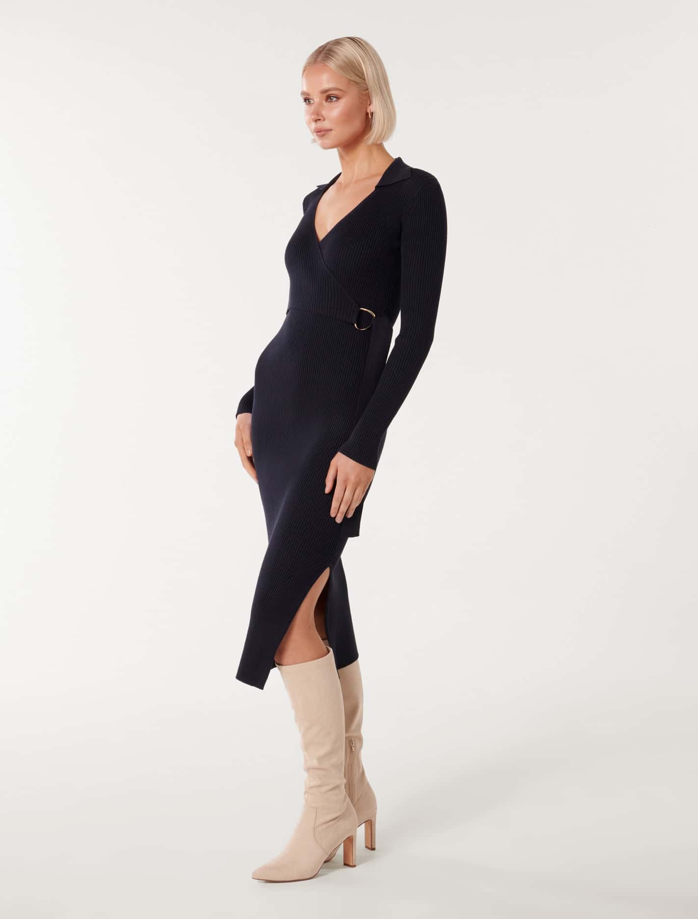 Liv Collar Wrap Midi Knit Dress