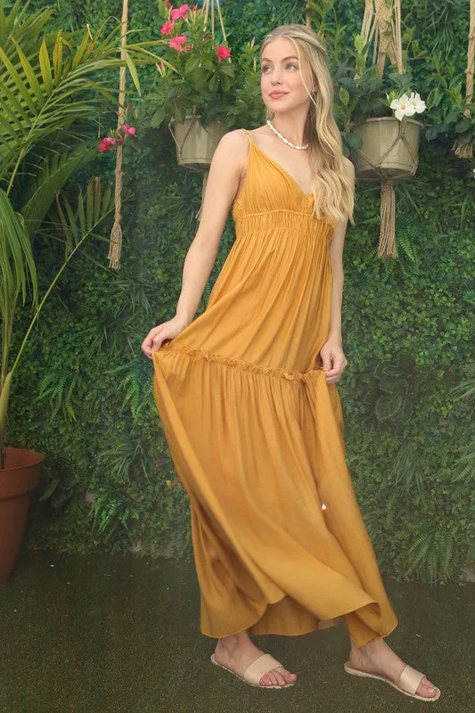 Low Cut Mustard Spaghetti Strap Maxi Tank Dress