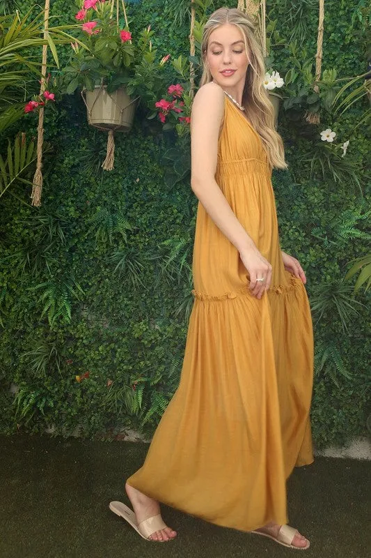 Low Cut Mustard Spaghetti Strap Maxi Tank Dress