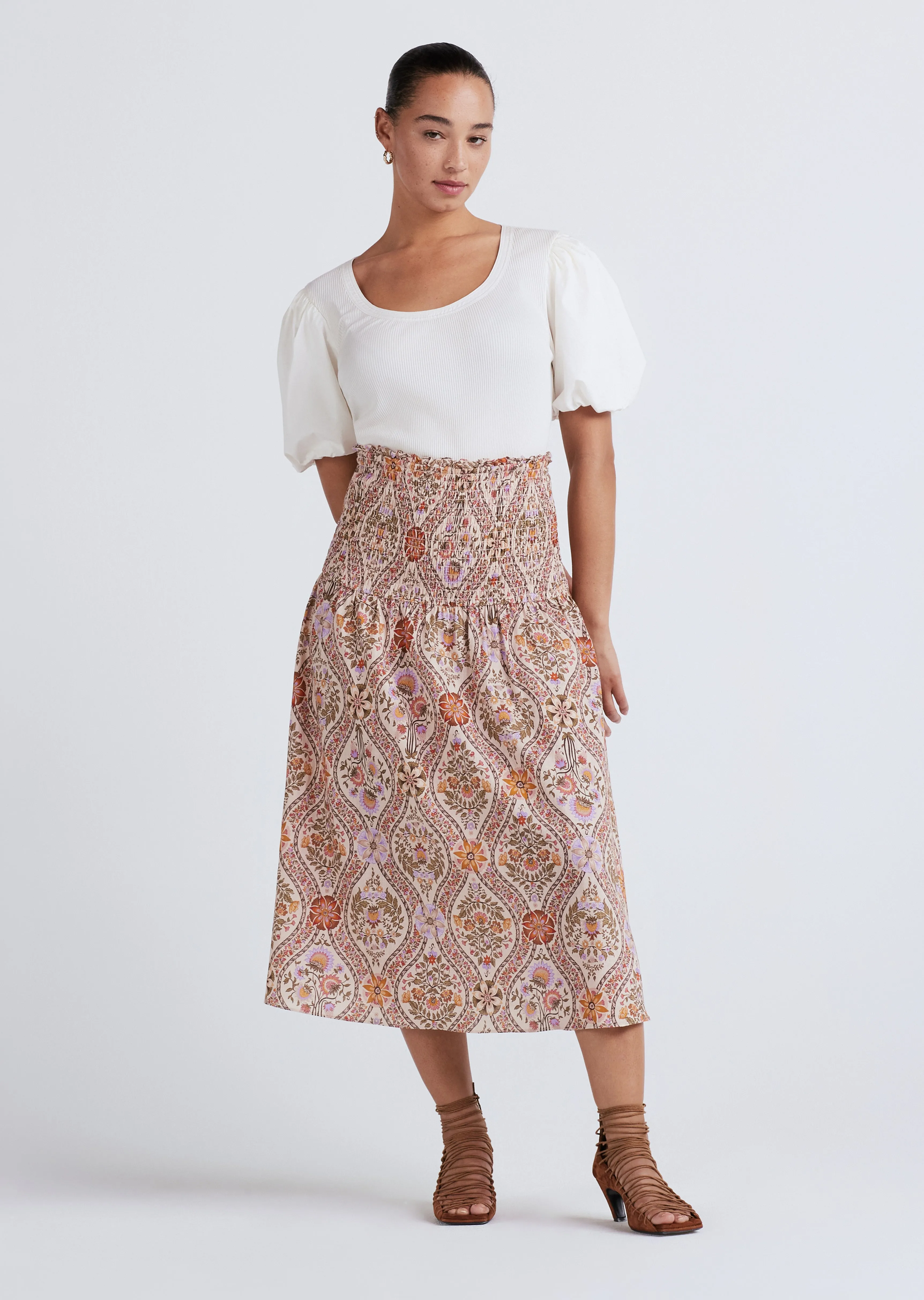 Madani Smocked Skirt - Light Khaki Multi