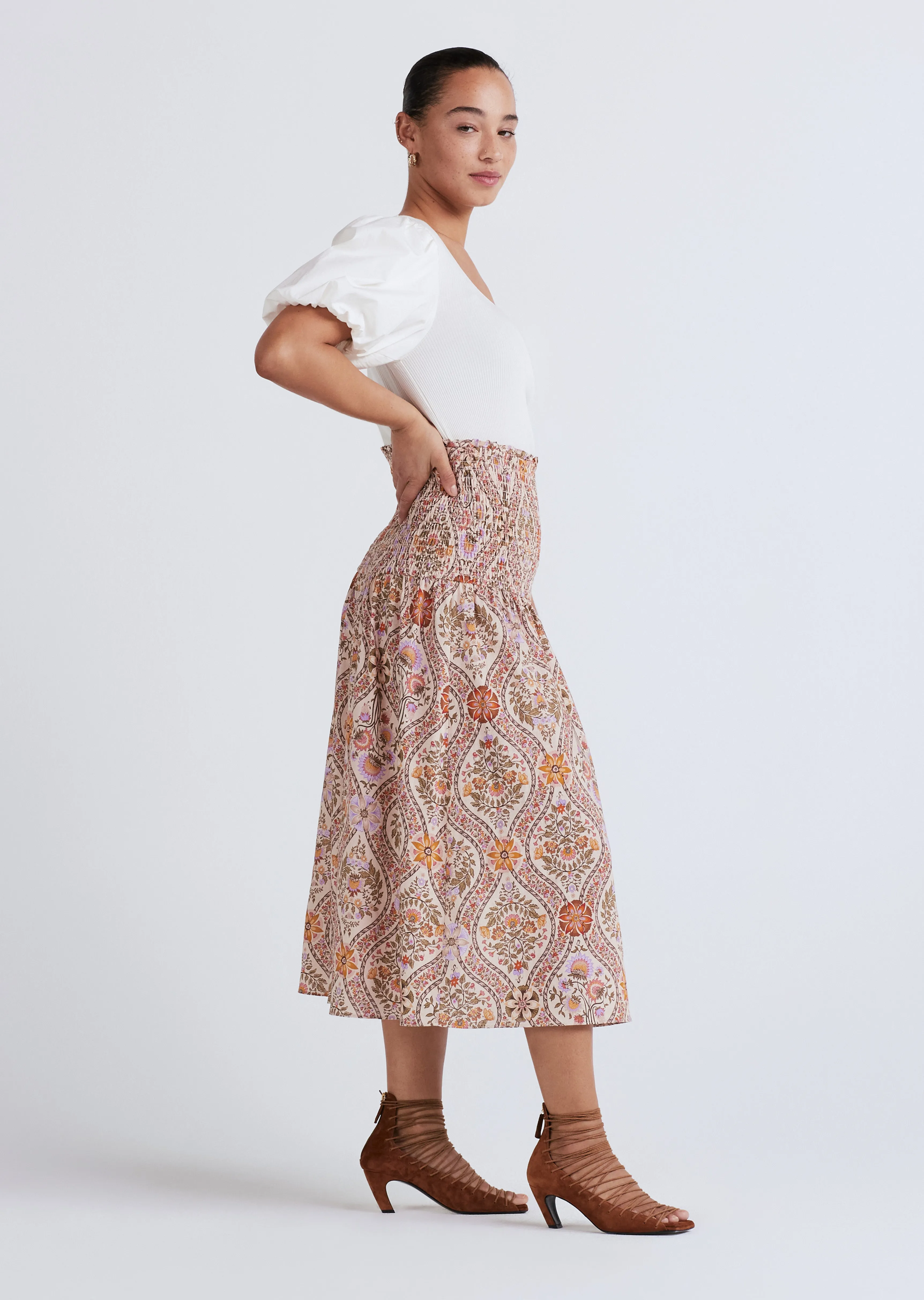 Madani Smocked Skirt - Light Khaki Multi