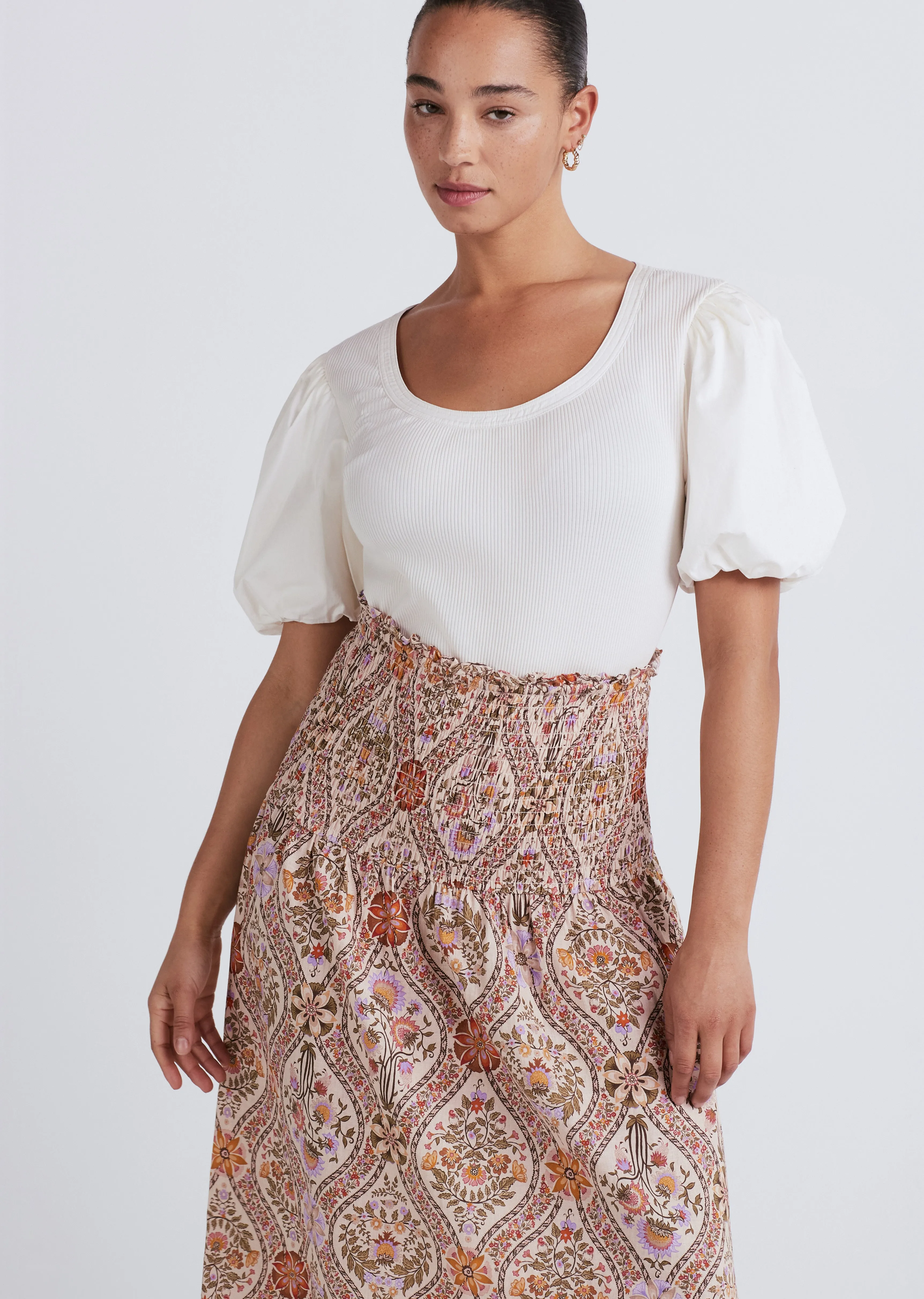 Madani Smocked Skirt - Light Khaki Multi