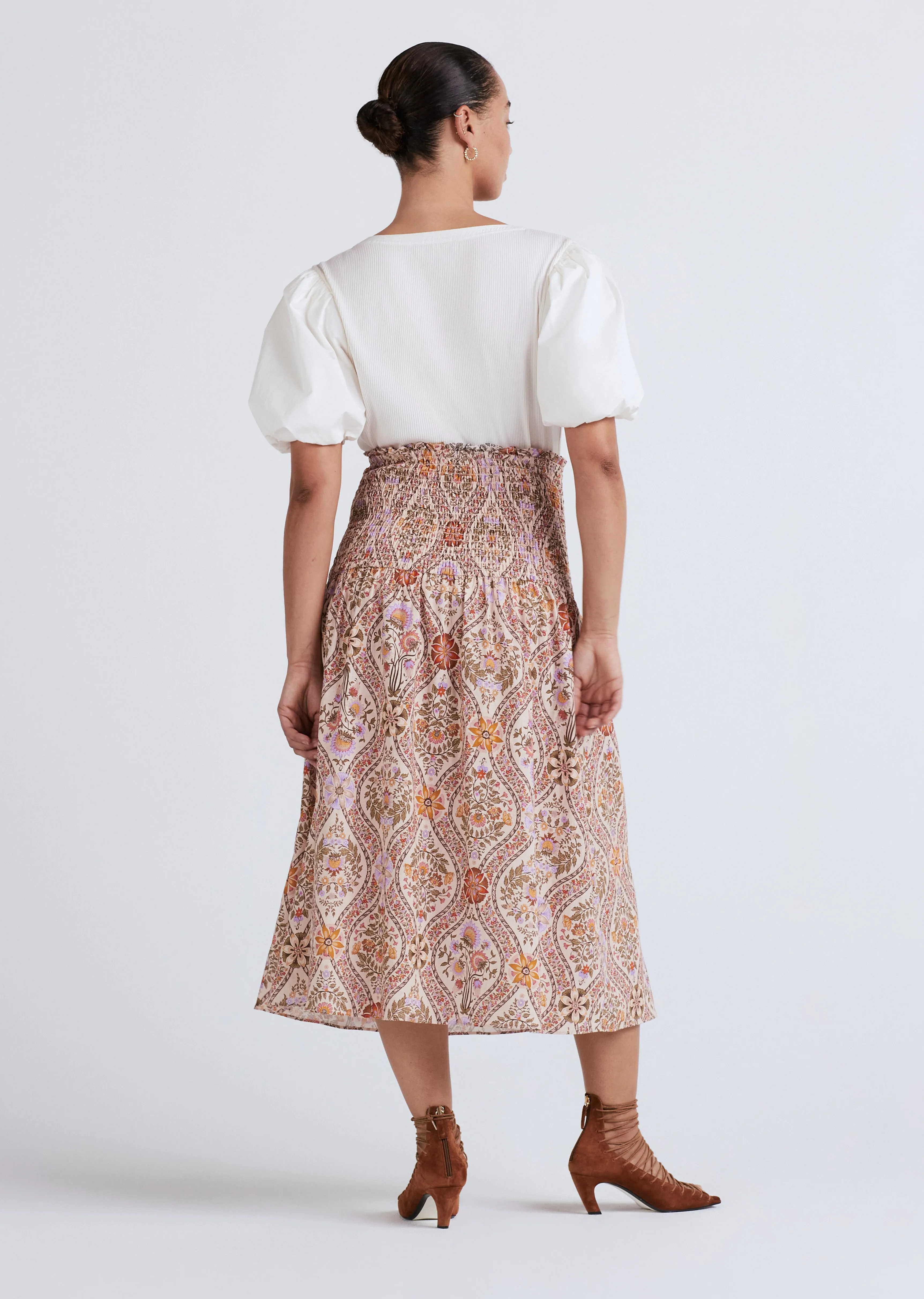 Madani Smocked Skirt - Light Khaki Multi