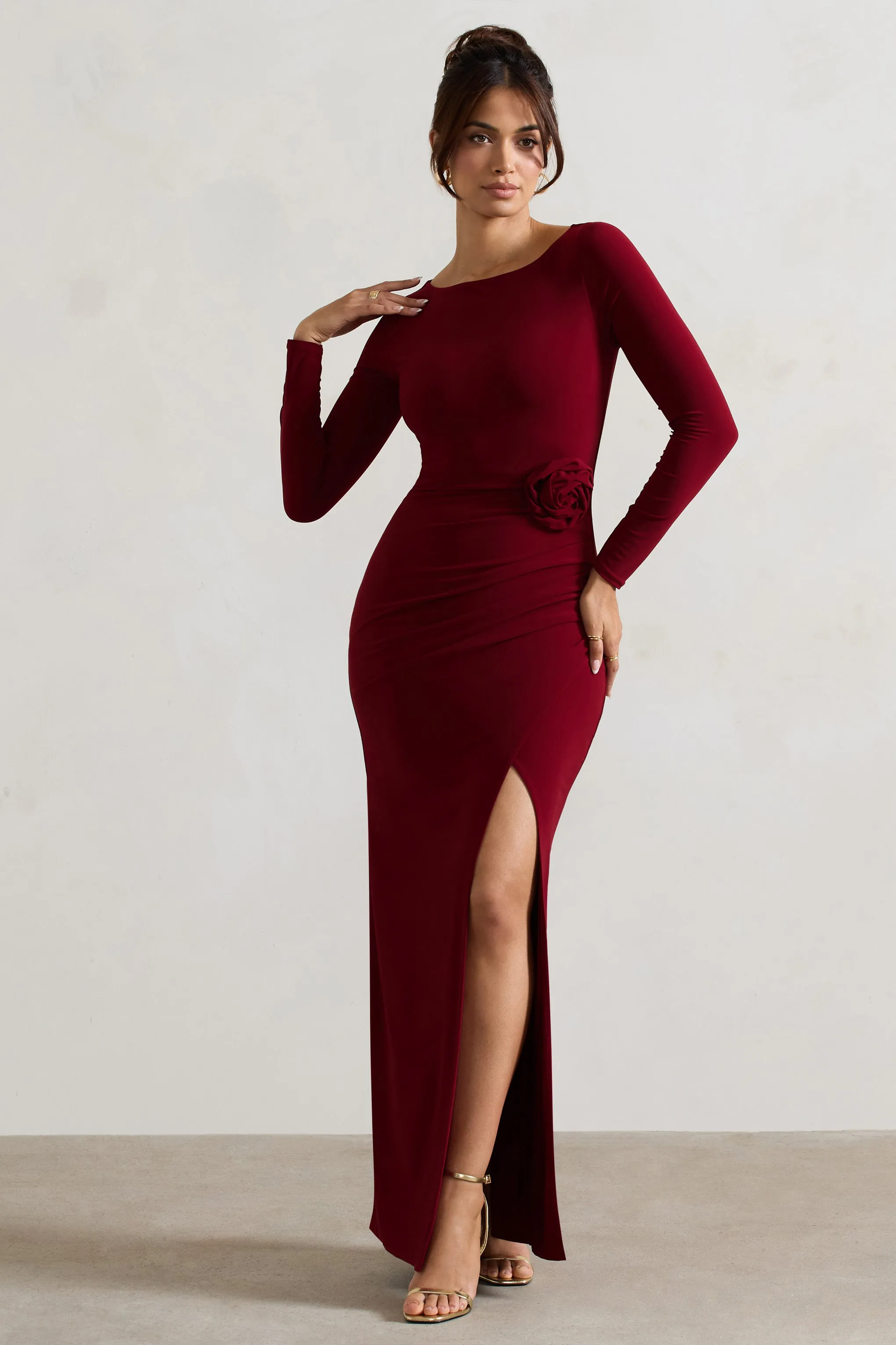 Makayla | Berry Long-Sleeve Wrap Maxi Dress With Corsages