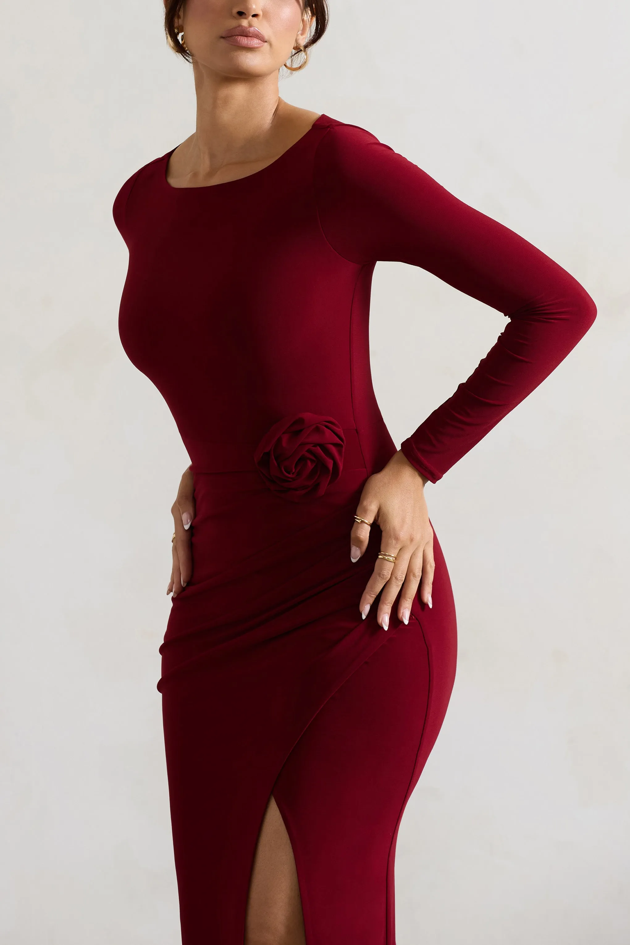 Makayla | Berry Long-Sleeve Wrap Maxi Dress With Corsages