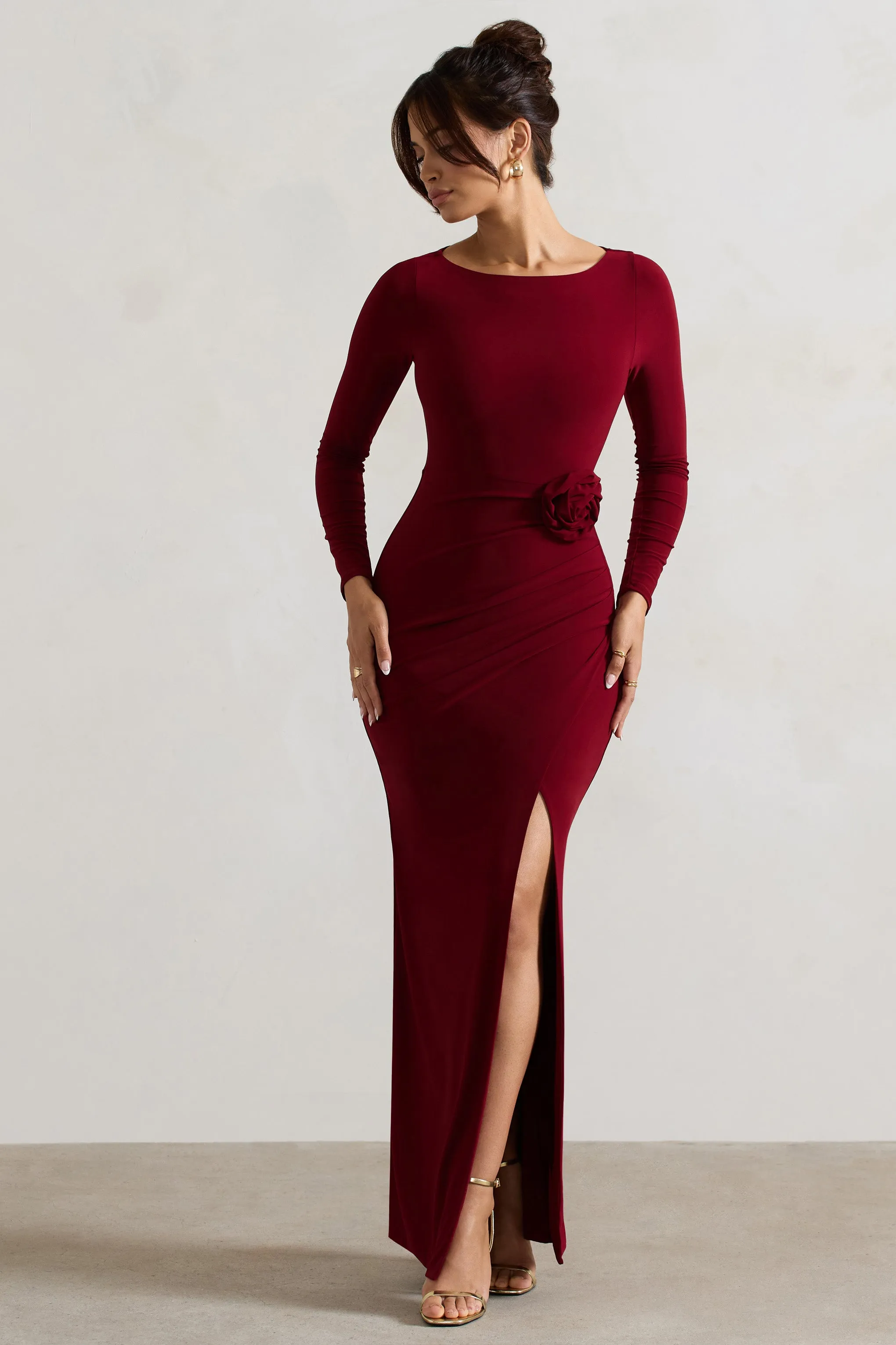 Makayla | Berry Long-Sleeve Wrap Maxi Dress With Corsages