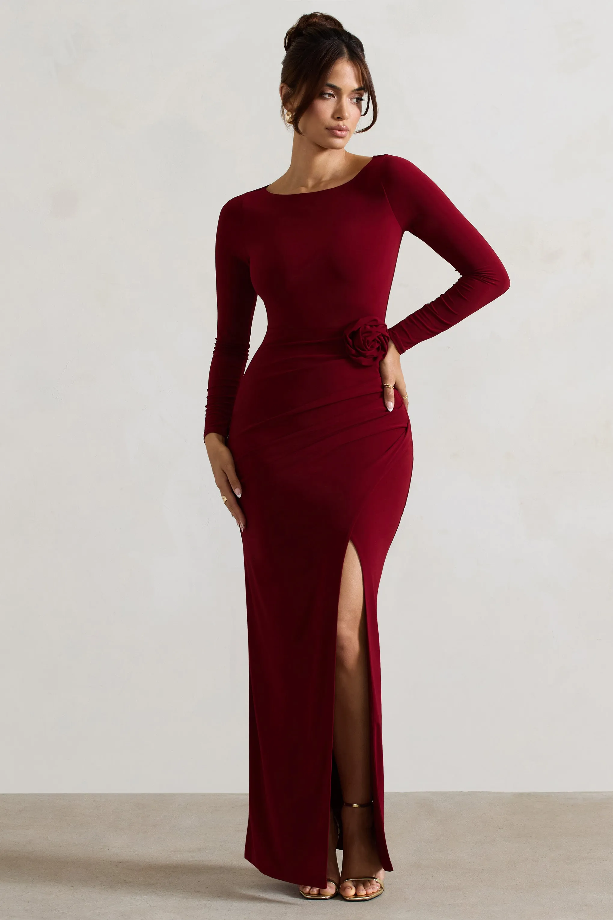 Makayla | Berry Long-Sleeve Wrap Maxi Dress With Corsages