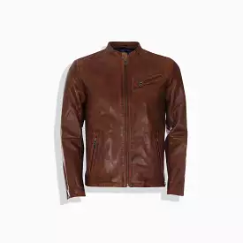 Mandarin Collar Leather Jacket, Cognac