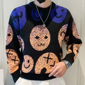 Men's Casual European Smiley Print Pattern O-neck Knitted Pullover Sweater