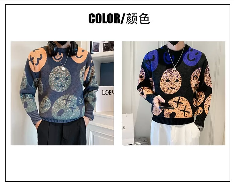 Men's Casual European Smiley Print Pattern O-neck Knitted Pullover Sweater