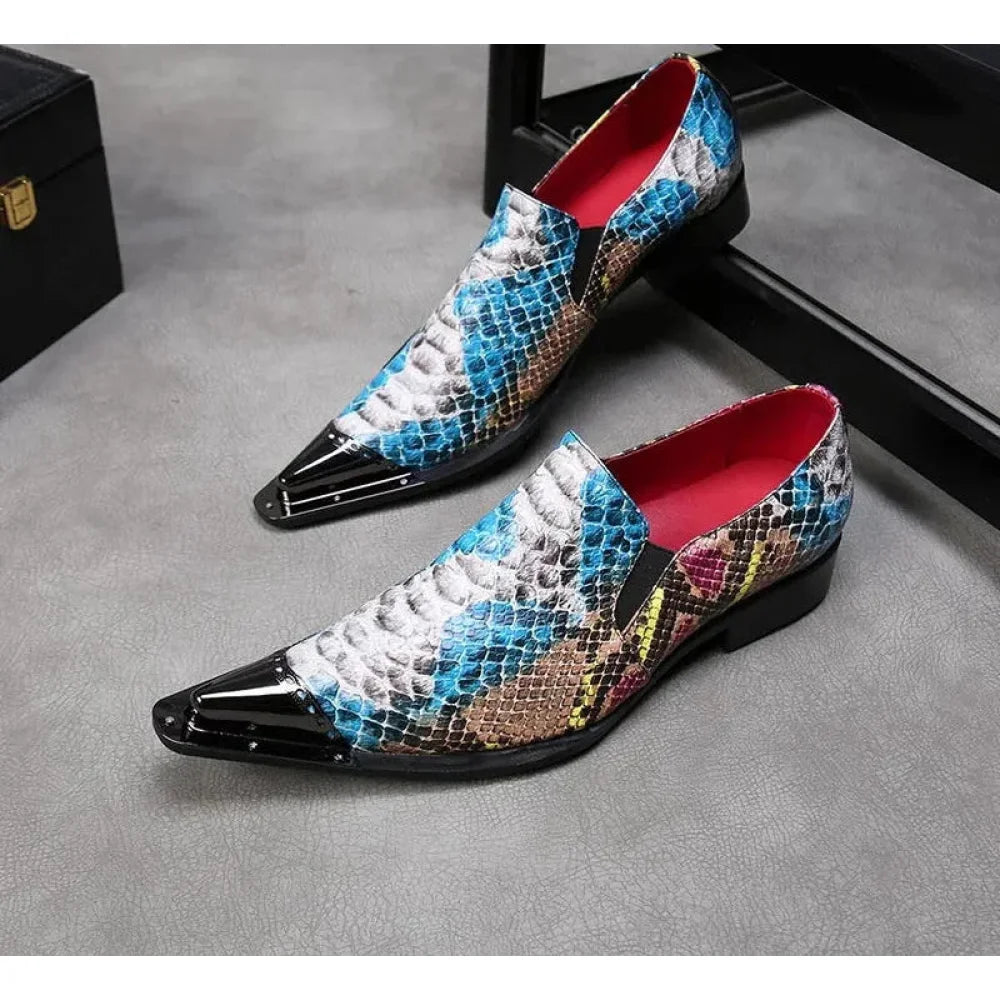 Men's Solid Pattern Formal Genuine Leather Pointed Metal Tip Dress Shoes