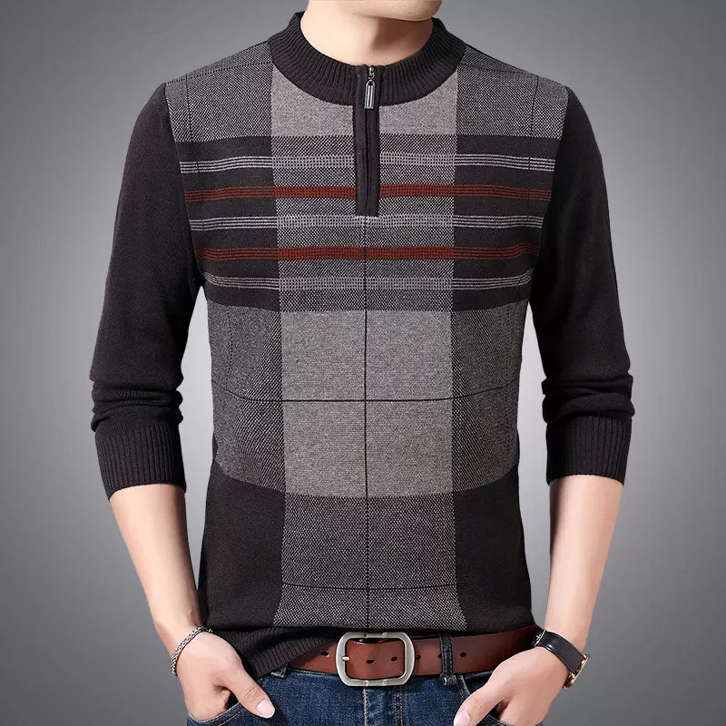 Men's Winter Casual Striped Zipper Long Sleeves Pullover Sweater