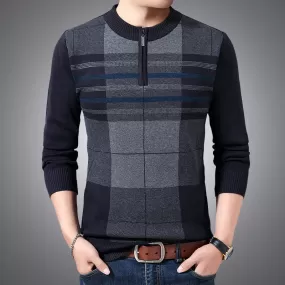 Men's Winter Casual Striped Zipper Long Sleeves Pullover Sweater