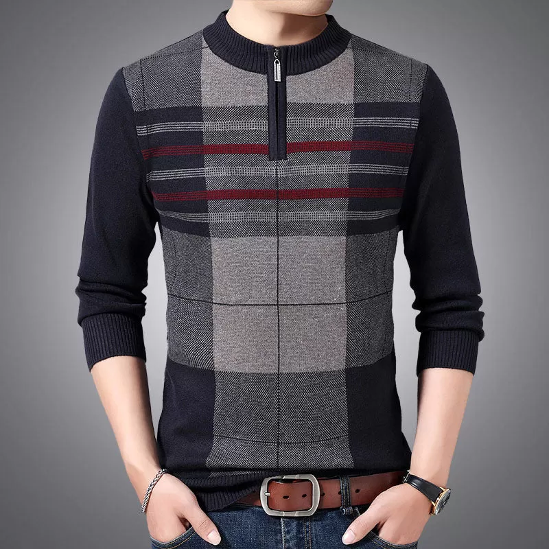 Men's Winter Casual Striped Zipper Long Sleeves Pullover Sweater