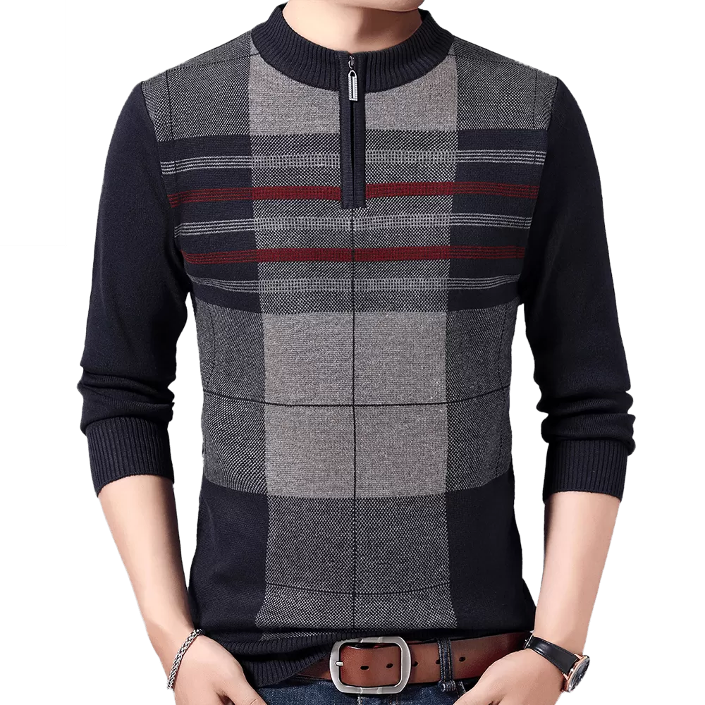 Men's Winter Casual Striped Zipper Long Sleeves Pullover Sweater