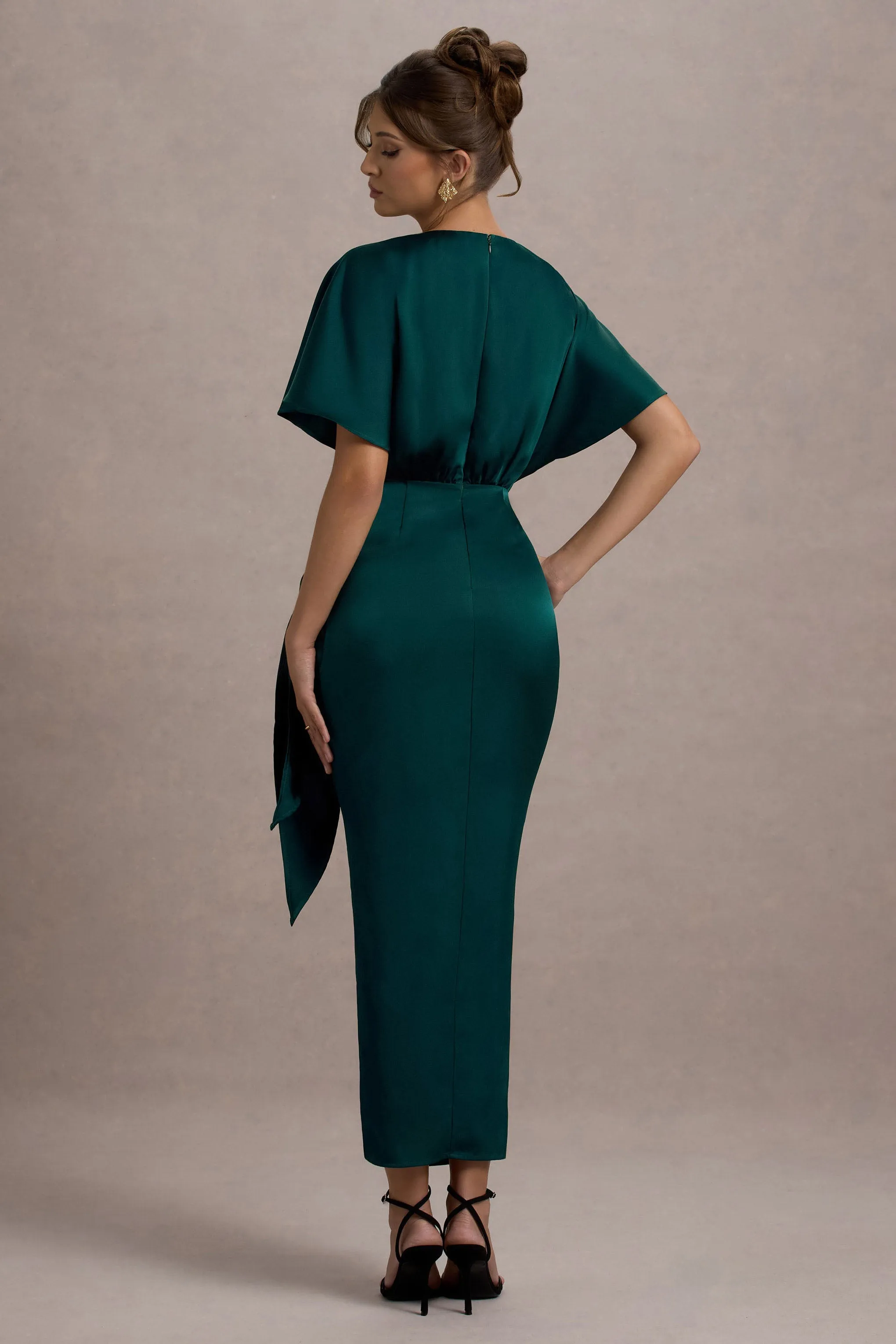 Mika | Bottle Green Satin Short-Sleeve Wrap Maxi Dress