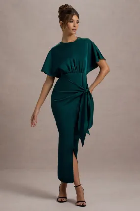 Mika | Bottle Green Satin Short-Sleeve Wrap Maxi Dress