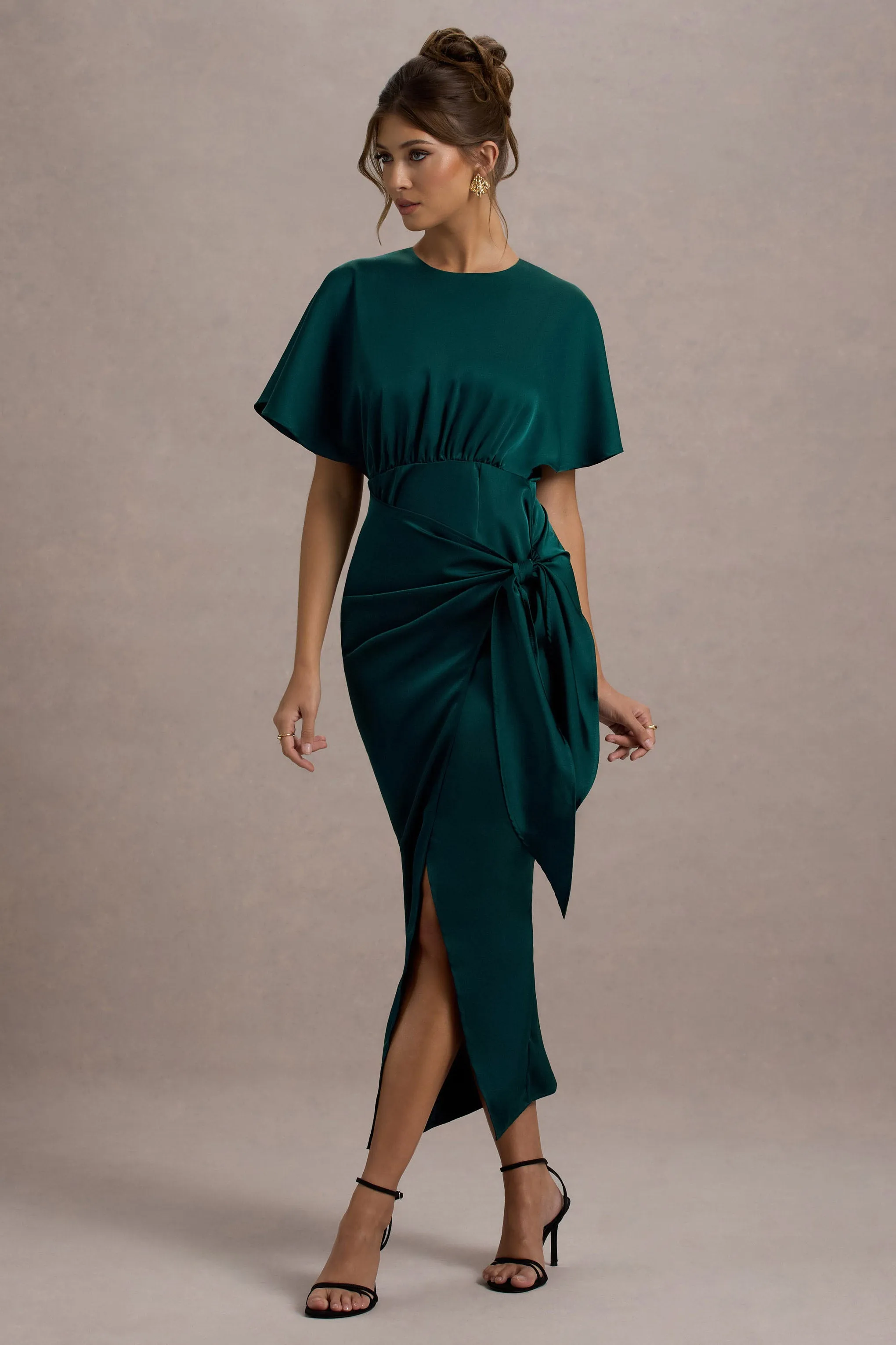 Mika | Bottle Green Satin Short-Sleeve Wrap Maxi Dress