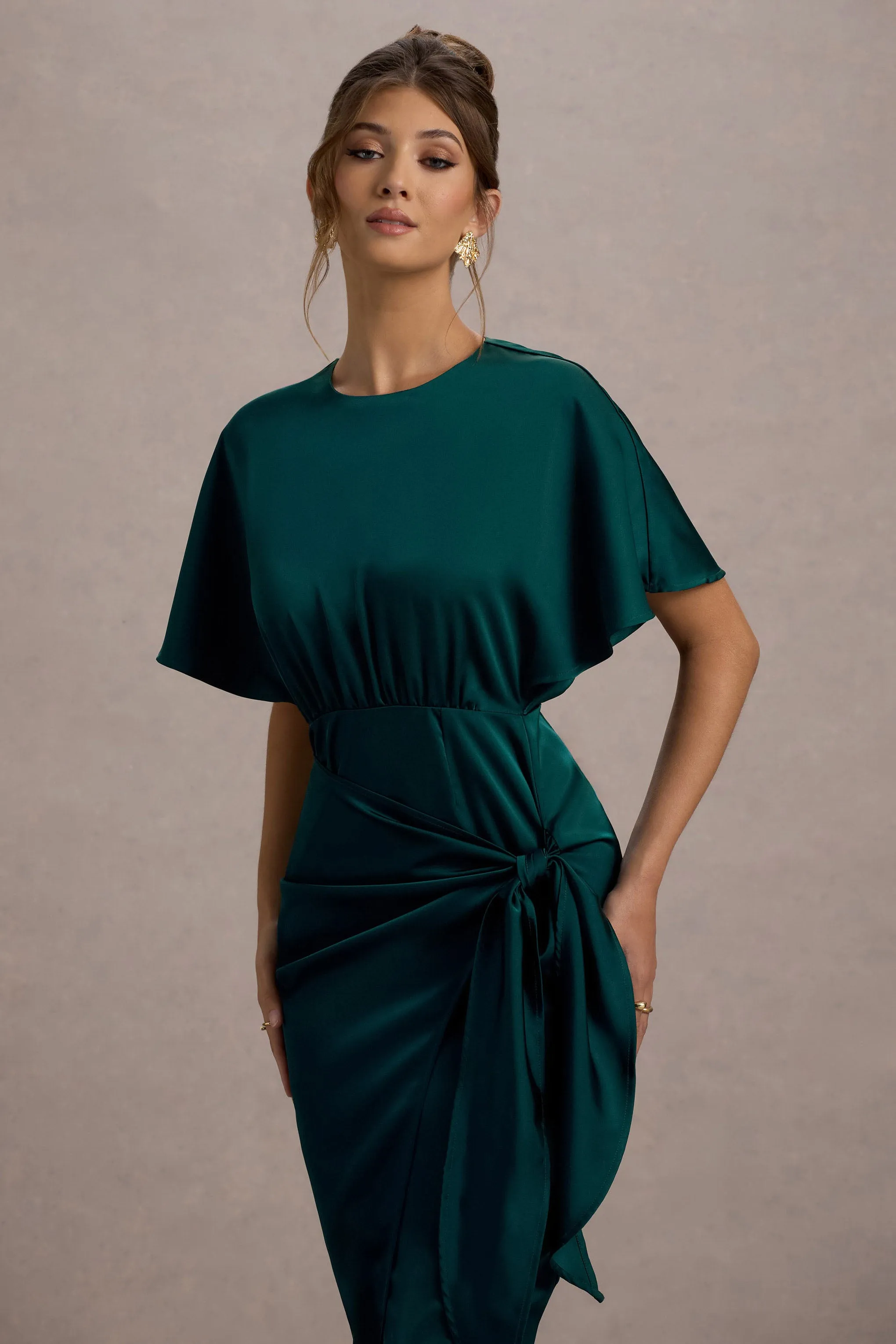 Mika | Bottle Green Satin Short-Sleeve Wrap Maxi Dress