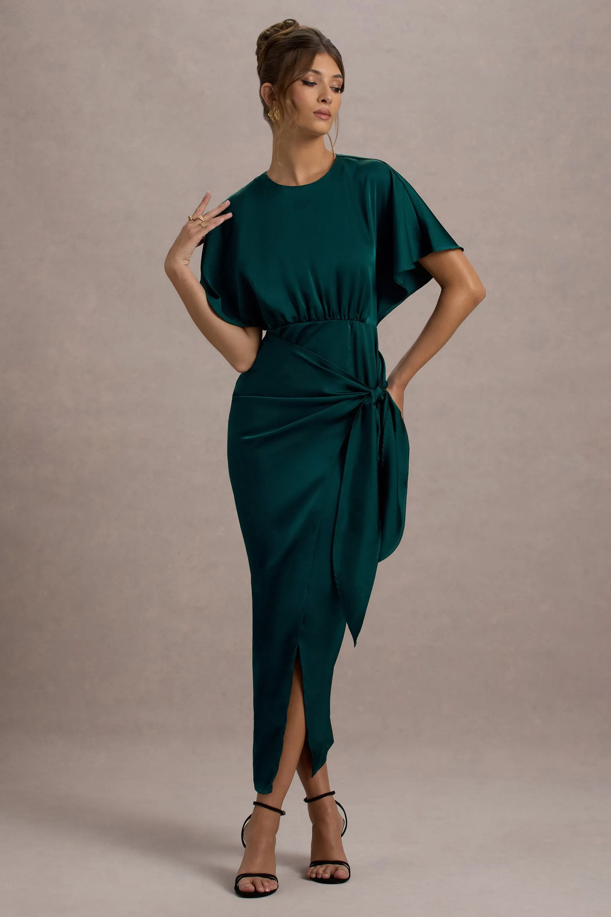 Mika | Bottle Green Satin Short-Sleeve Wrap Maxi Dress