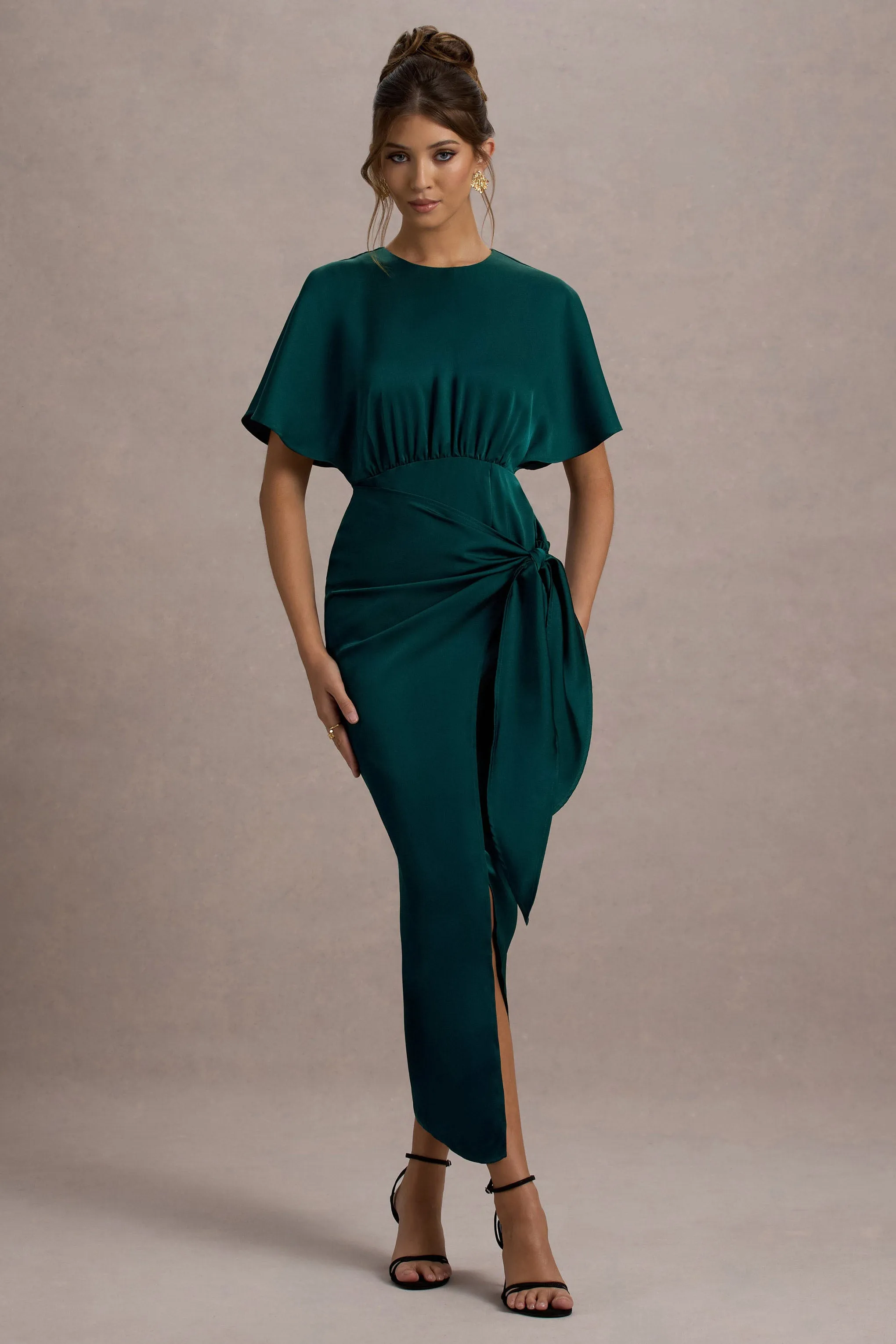 Mika | Bottle Green Satin Short-Sleeve Wrap Maxi Dress