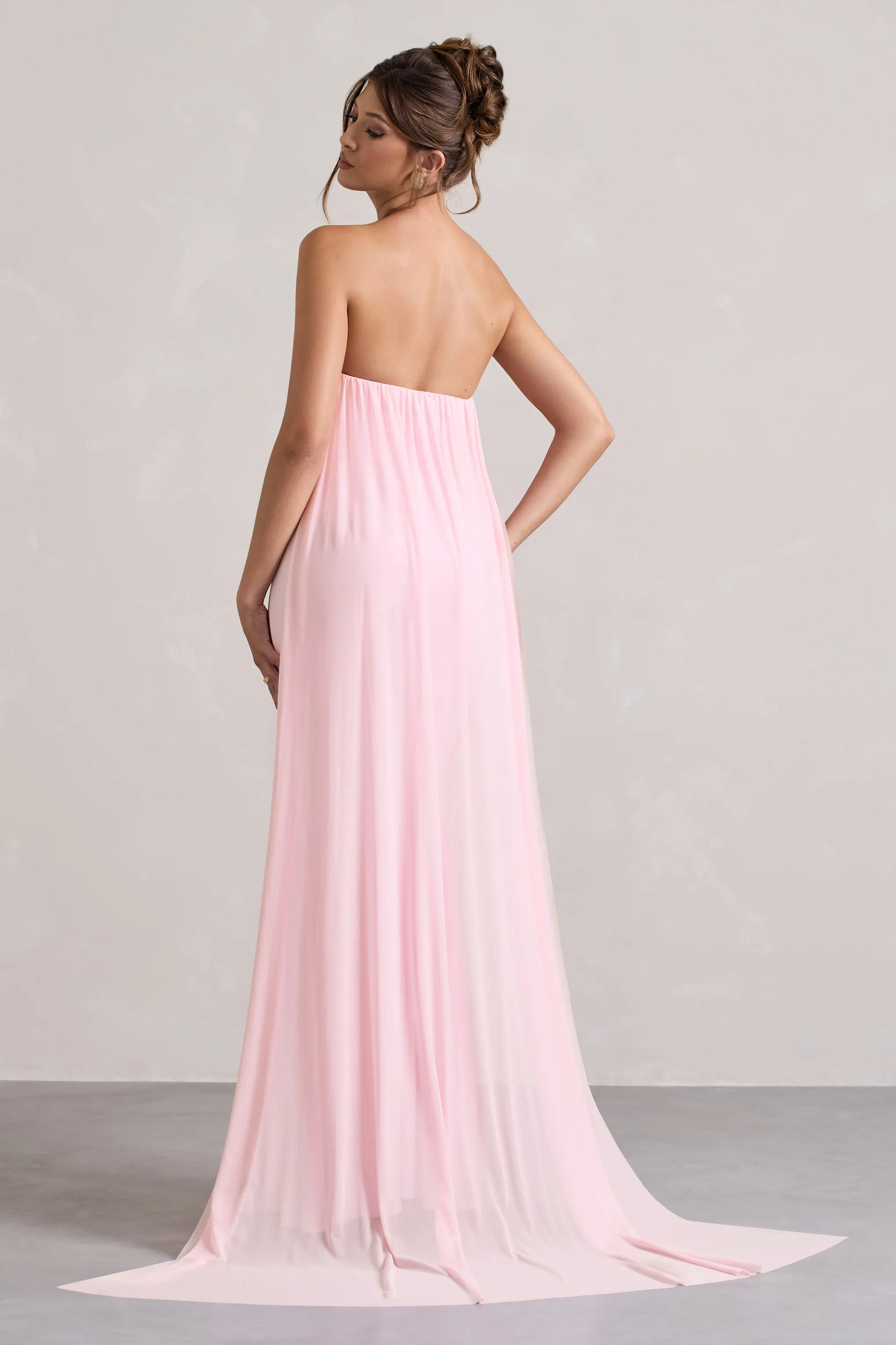 More To Come | Pink Strapless Wrap Cape Maxi Dress With Corsage