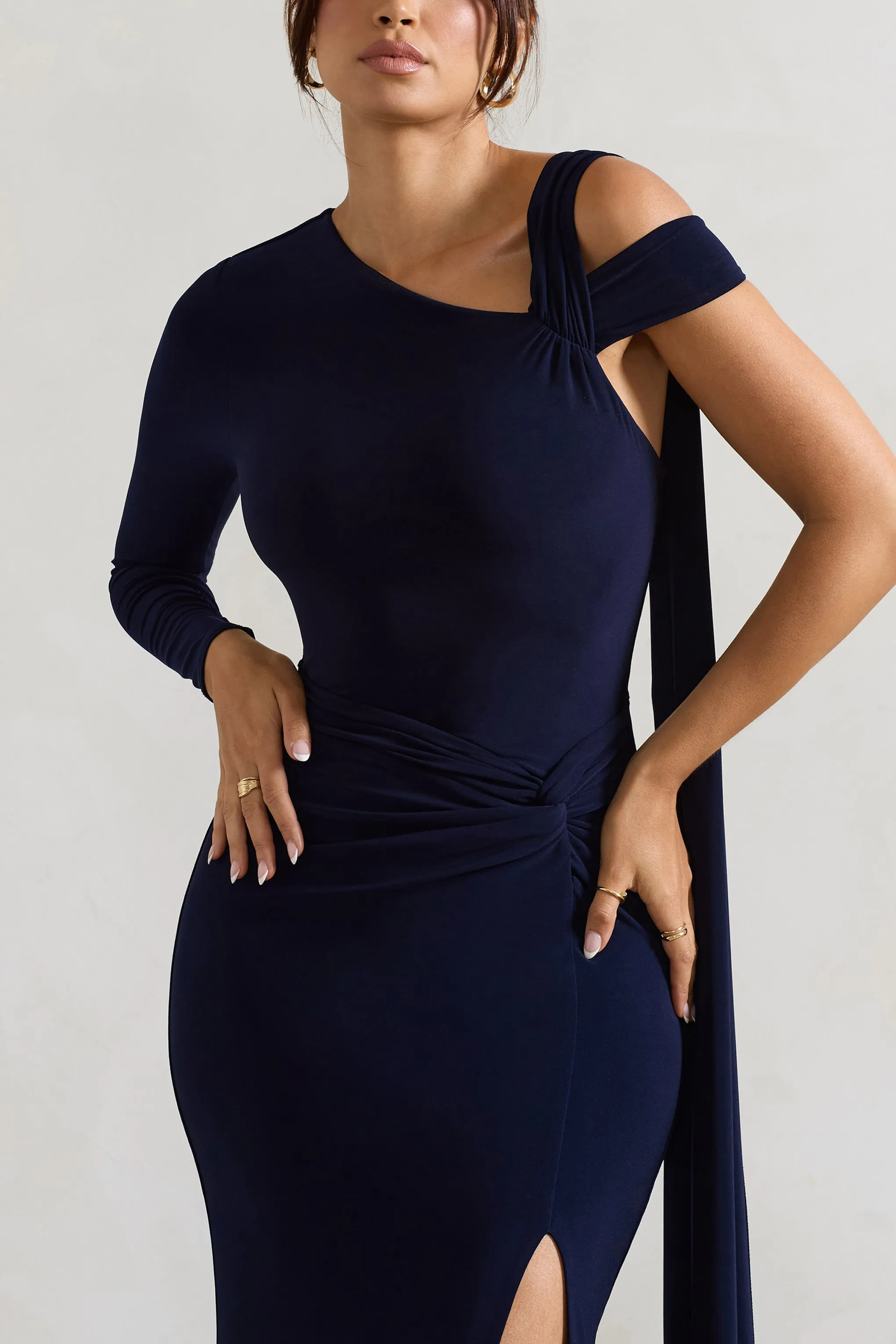 Padua | Navy Asymmetric One-Sleeve Wrap Maxi Dress With Sash