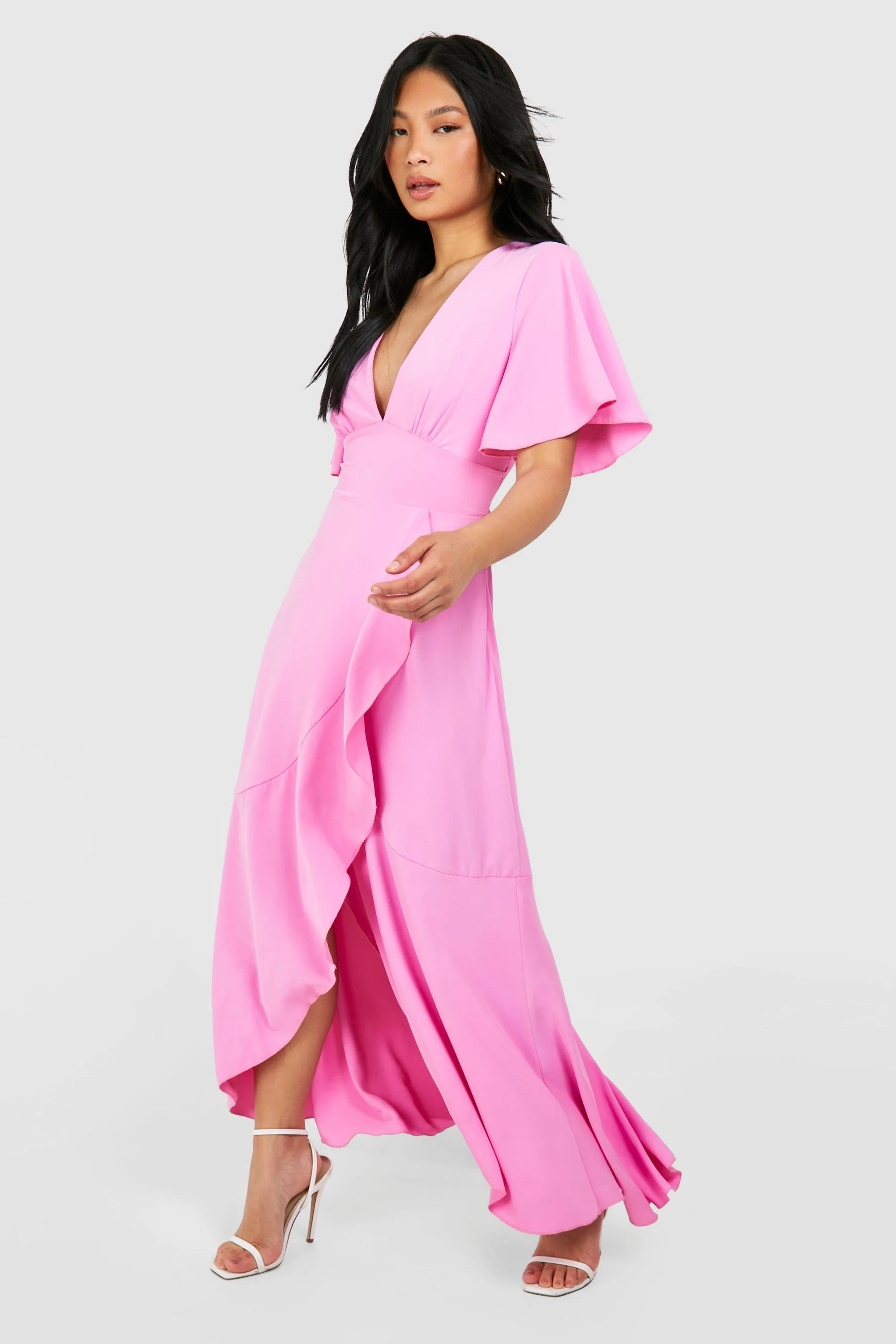 Petite Angel Sleeve Wrap Front Satin Maxi Dress