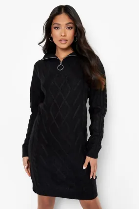 Petite Zip Collar Cable Knit Sweater Dress