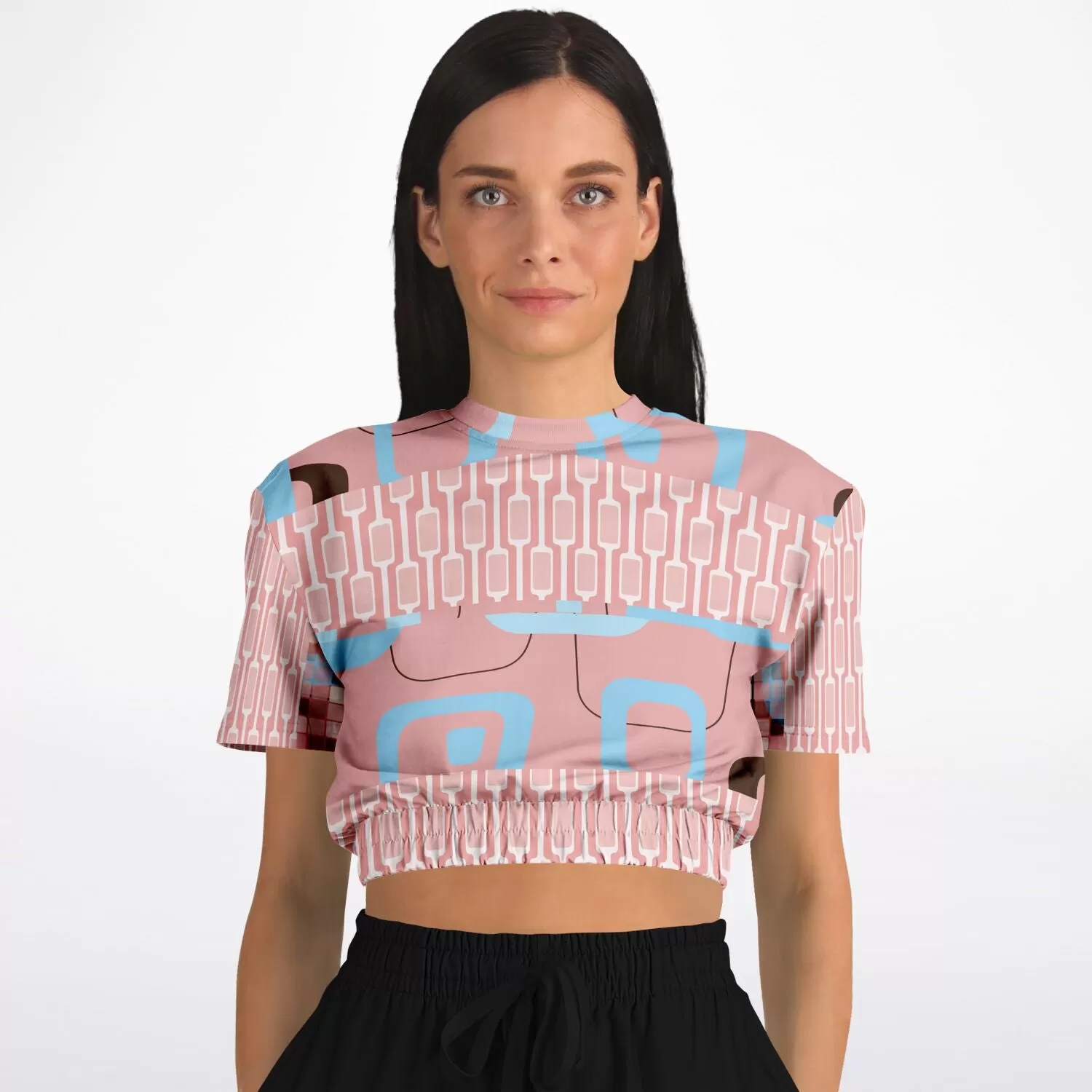 Pink Geo Gallagher Short Sleeve Cropped Eco-Poly Sweater