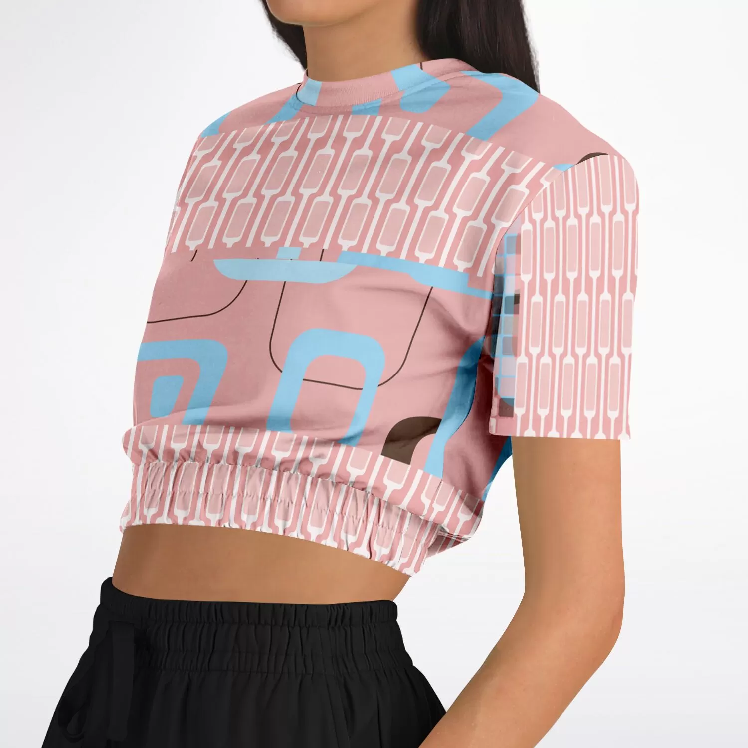 Pink Geo Gallagher Short Sleeve Cropped Eco-Poly Sweater