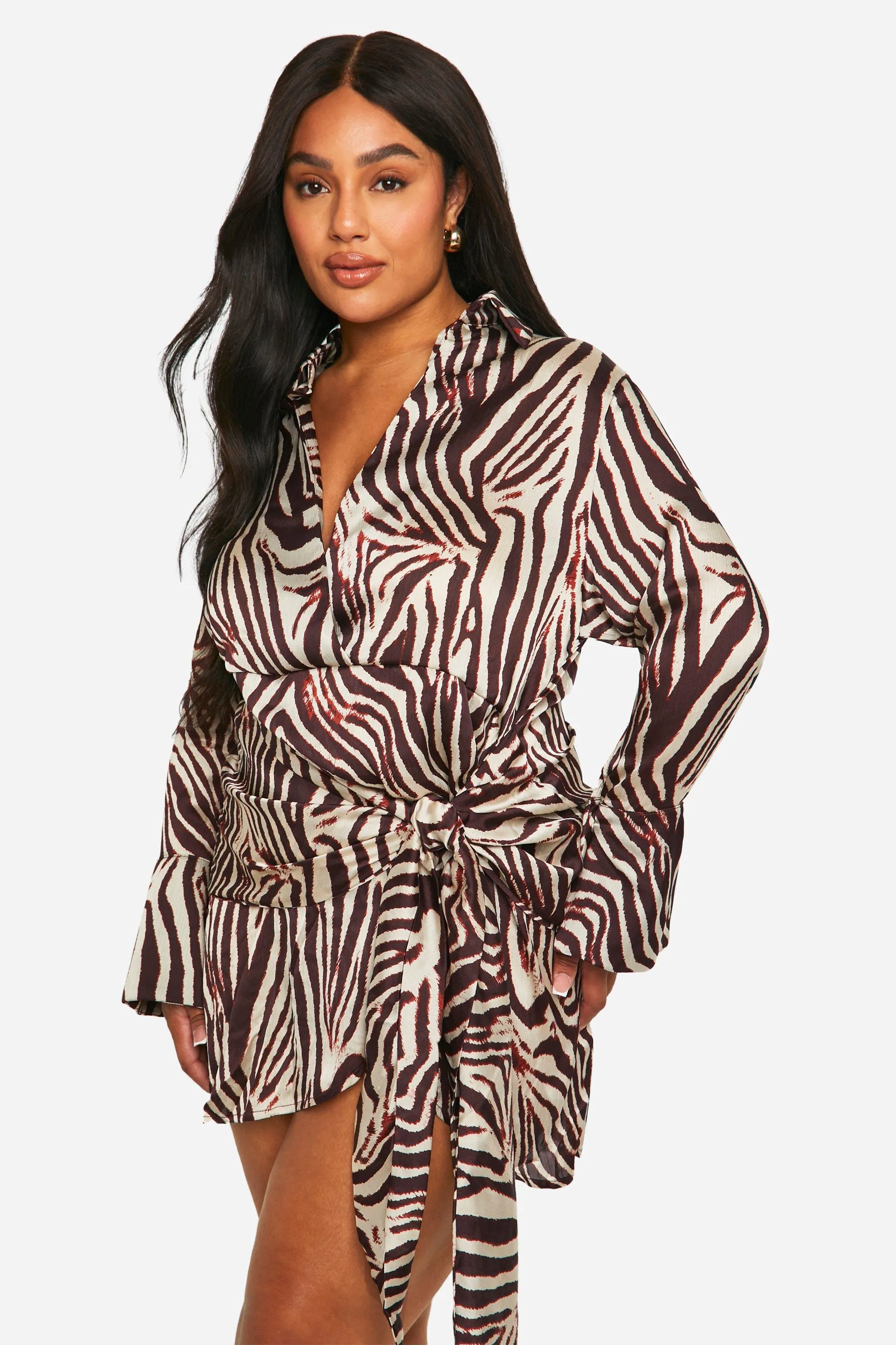 Plus Animal Print Tie Waist Shirt Wrap Dress