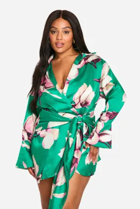 Plus Floral Print Tie Waist Shirt Wrap Dress