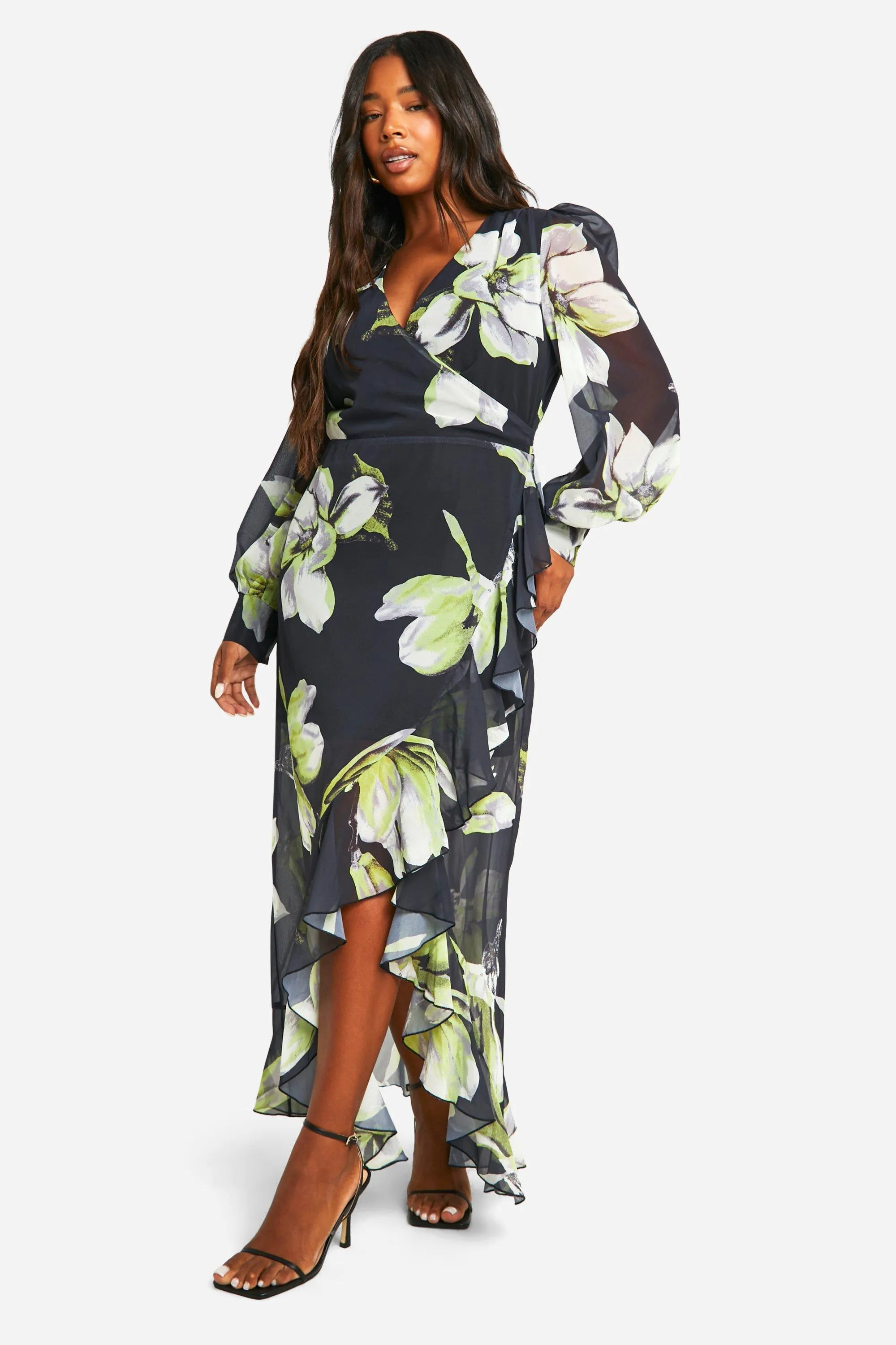 Plus Floral Ruffle Wrap Maxi Dress