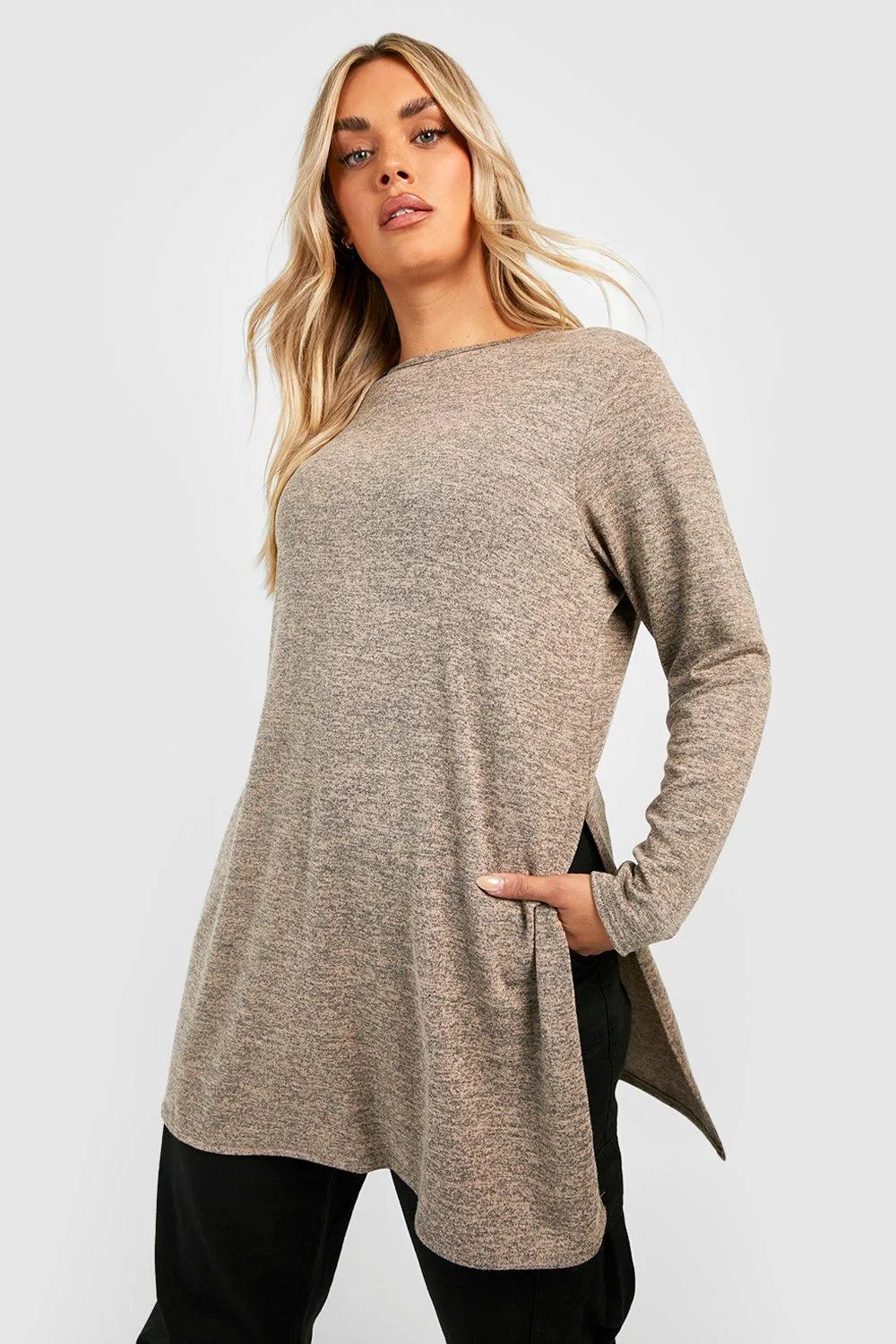 Plus Melange Knitted Split Side Sweater